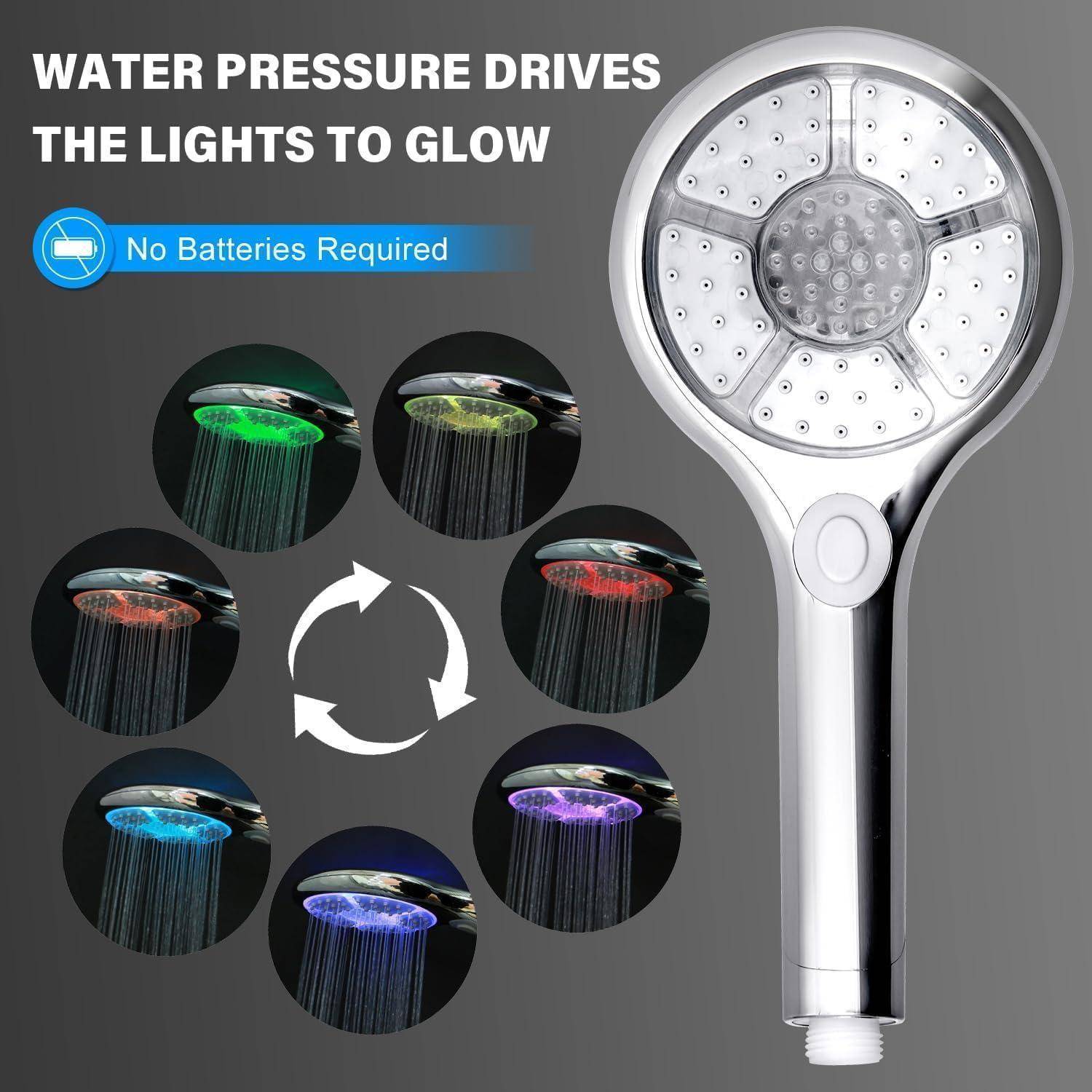 Tragbarer Duschkopf mit LED-Leuchten, die durch Wasserdruck zum Leuchten gebracht werden, beschriftet mit „Keine Batterien erforderlich