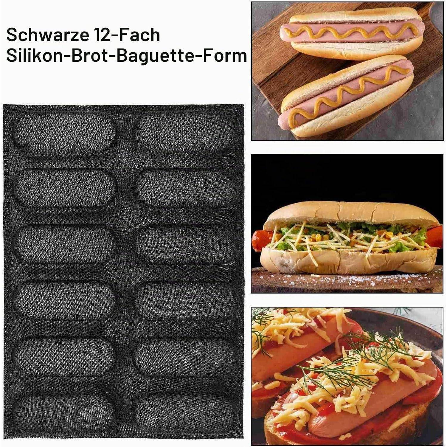 Produktbild mit einer schwarzen Silikon-Backform für Baguettes mit 12 Schlitzen, auf dem Beispiele für Baguettes und Hot-Dog-Sandwiches in den Schlitzen gezeigt werden.