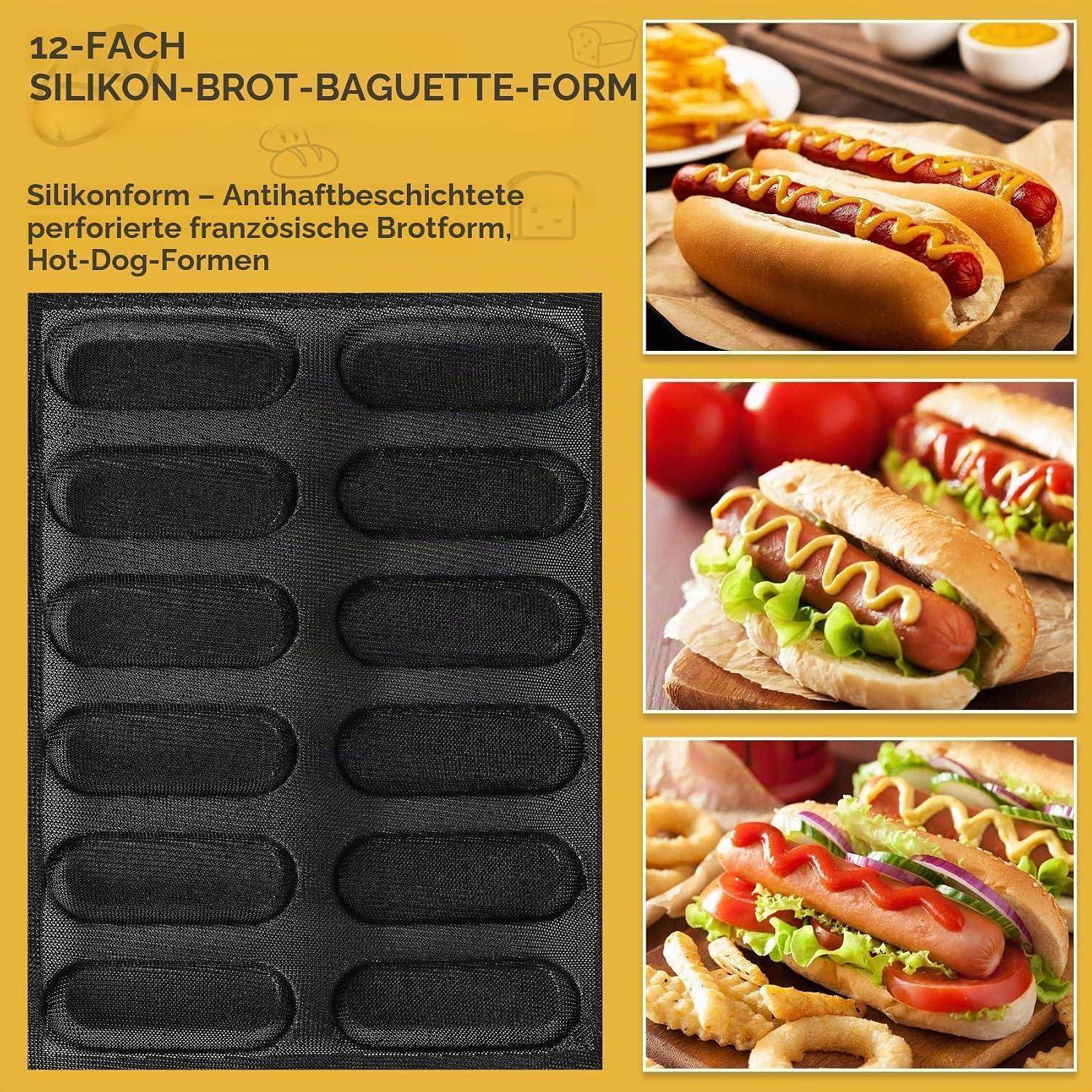 Schwarze 12er-Silikon-Backform für Baguetten/Hot Dogs, rechts mit drei Beispiel-Hot Dogs in Brötchen dargestellt.