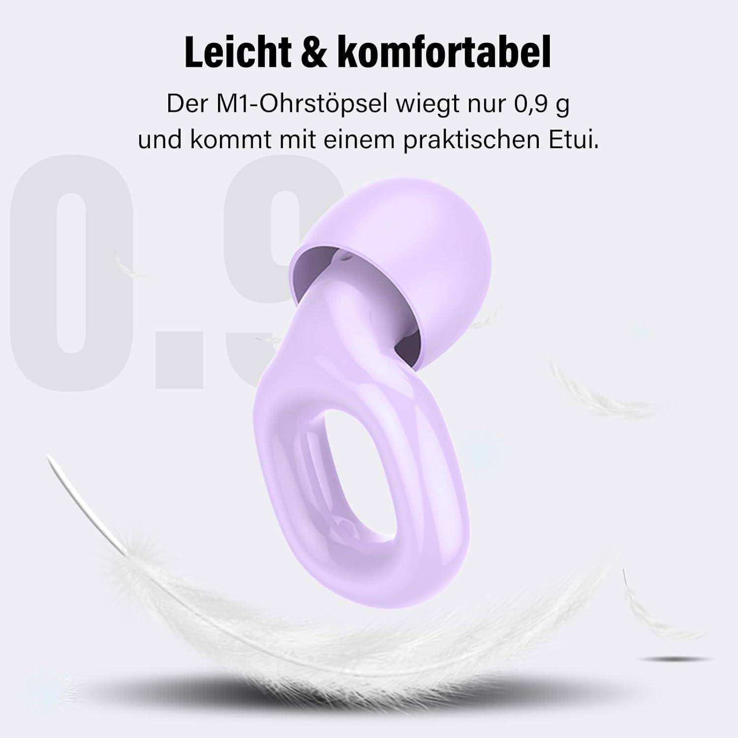 Lila M1-Ohrstöpsel mit Etui, angepriesen als leicht und komfortabel; wiegt 0,9 g.
