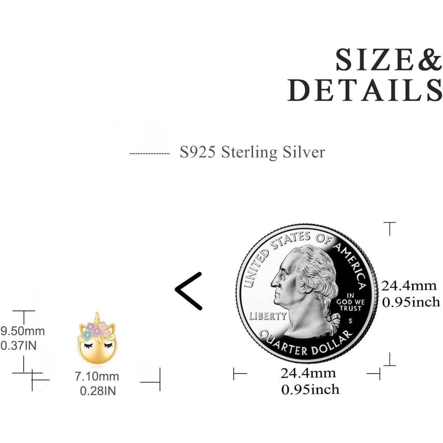 Größen- und Detailhandbuch mit einem S925-Sterlingsilber-Ohrringe-Charm in Form eines Katzengesichts neben einer US-Münze (Quarter) als Größenvergleich; der Charm misst 7,10 mm, die Münze 24,4 mm.