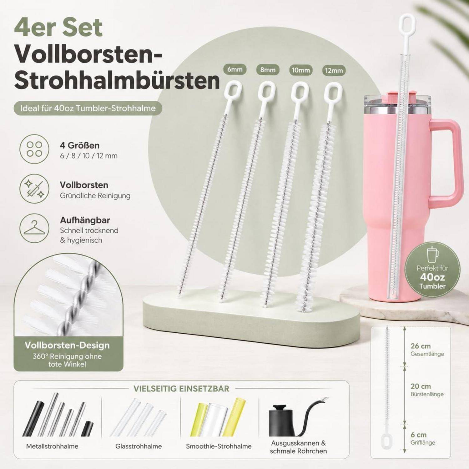 ALINK Heavy-Duty Strohhalm Reinigungsbürsten für Stanley Tumbler, 6mm &amp; 10mm Strohhalm-Reinigungsbürste für verschiedene Strohhalmgrößen,Volle B