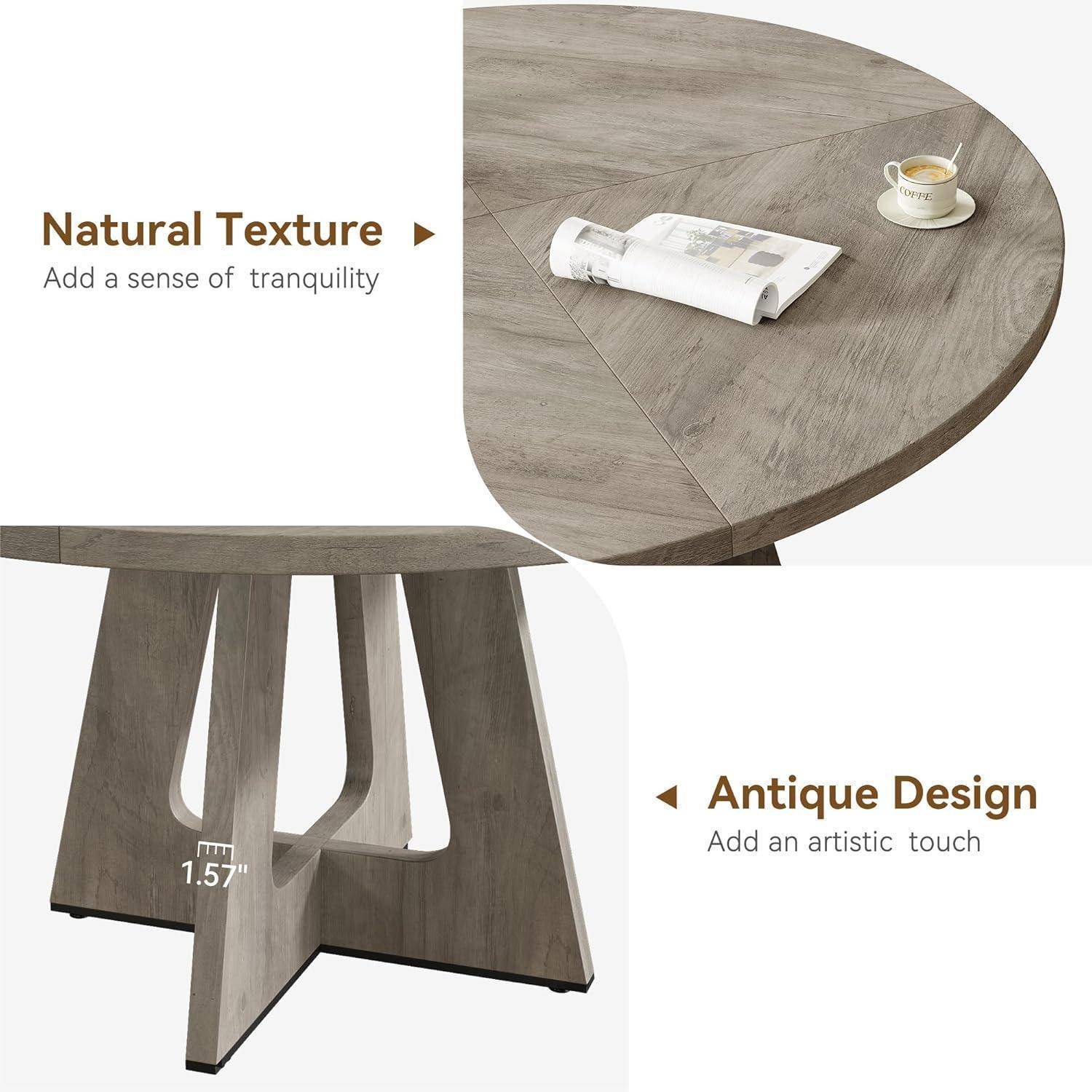 Holzmaserung-Rundtisch mit Tasse und Zeitschrift dargestellt, wobei die Merkmale „Natürliche Textur" und „Antikes Design"" hervorgehoben werden.