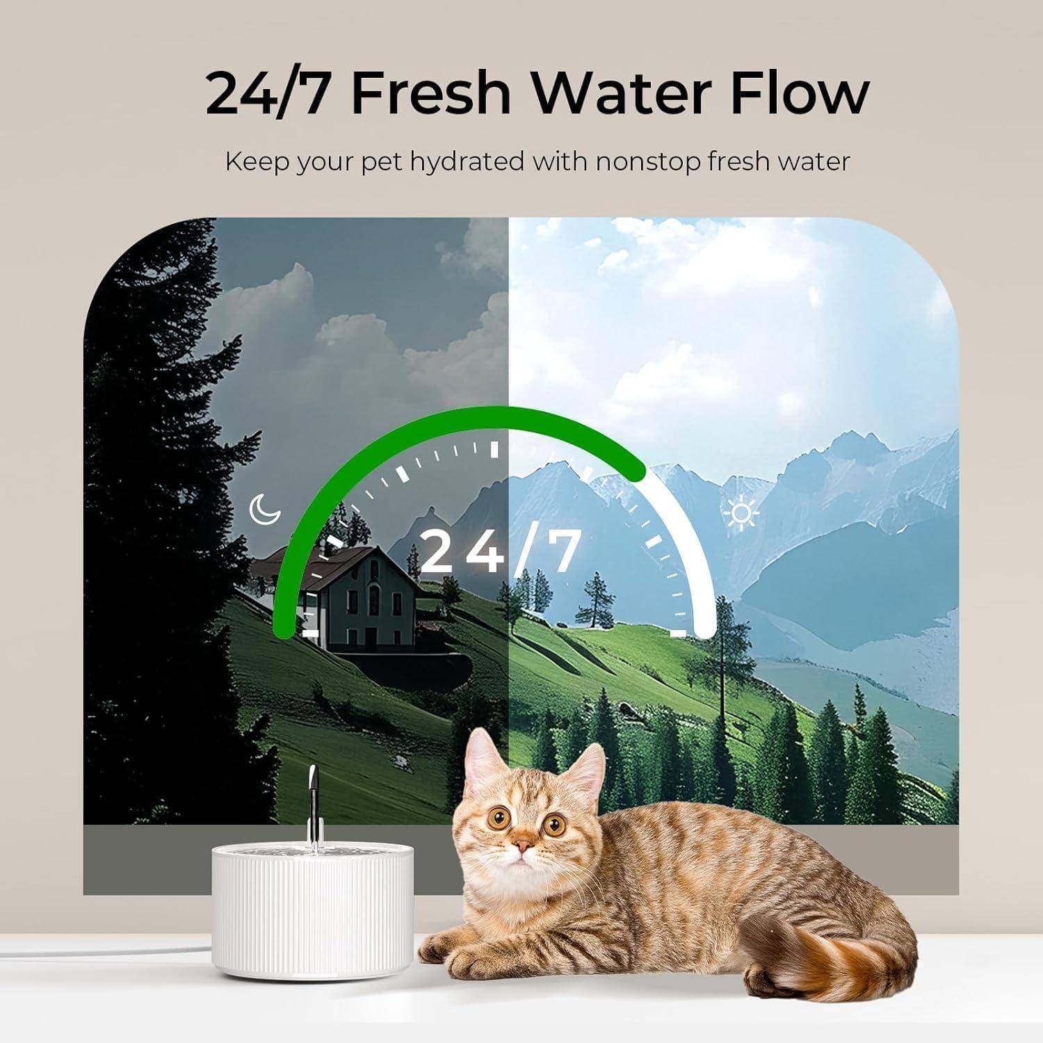 Werbebild einer Katze neben einem Haustierbrunnen mit dem Text „24/7 Frisches Wasser