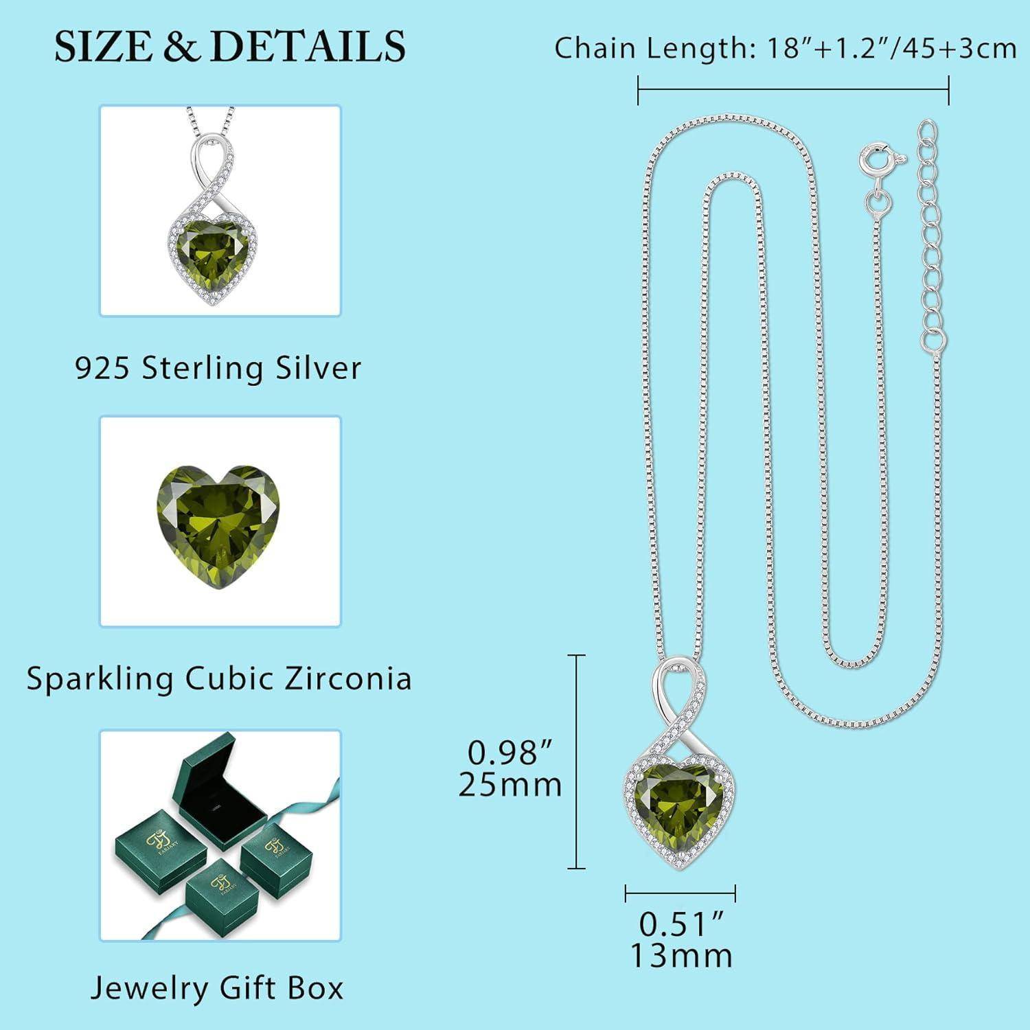 Produktgröße und Details-Grafik mit einem Herzanhänger aus 925er Sterlingsilber mit grünem kubischem Zirkonia, Kettenlänge 18+1,2 Zoll, Anhänger 0,98 by 0,51 Zoll, Geschenkbox inklusive.