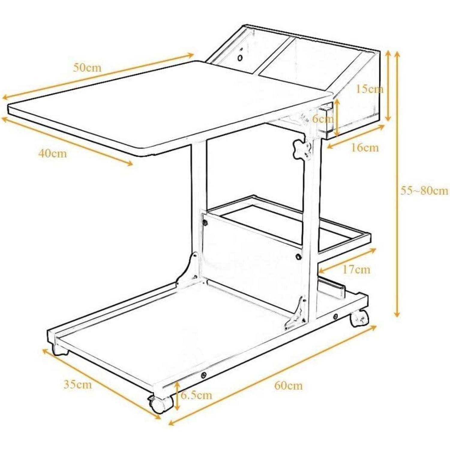 Bemaßte Zeichnung eines fahrbaren höhenverstellbaren Stehpults/Wagens mit oberer Ablage 50 x 40 cm, Grundfläche 60 x 35 cm und höhenverstellbar von 55 bis 80 cm.