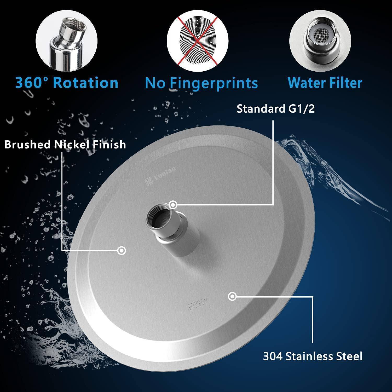 Produktbild eines Duschkopfs aus gebürstetem Edelstahl 304 mit Nickelfinish und den Beschriftungen „360° Rotation