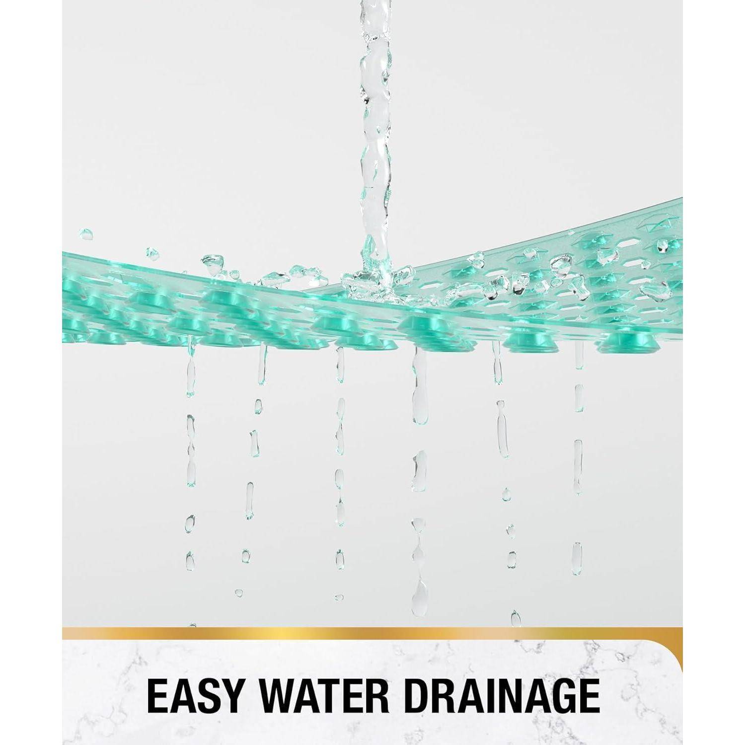 Nahaufnahme von Wasser, das durch eine türkisfarbene perforierte Oberfläche abfließt, mit fettem Text darunter, der liest „EINFACHE WASSERABLEITUNG