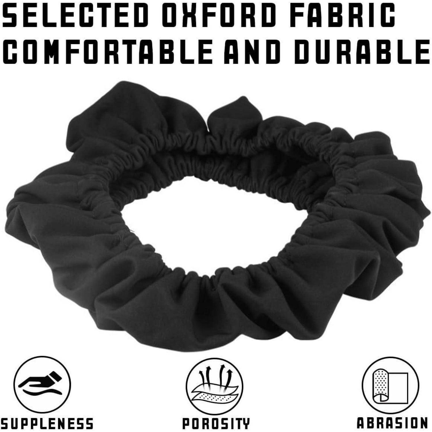 Schwarzes elastisches Stoffhaarband auf weißem Hintergrund mit Text "Selected Oxford Fabric Comfortable and Durable"" und Symbolen für Geschmeidigkeit, Porenstruktur und Verschleißfestigkeit.
