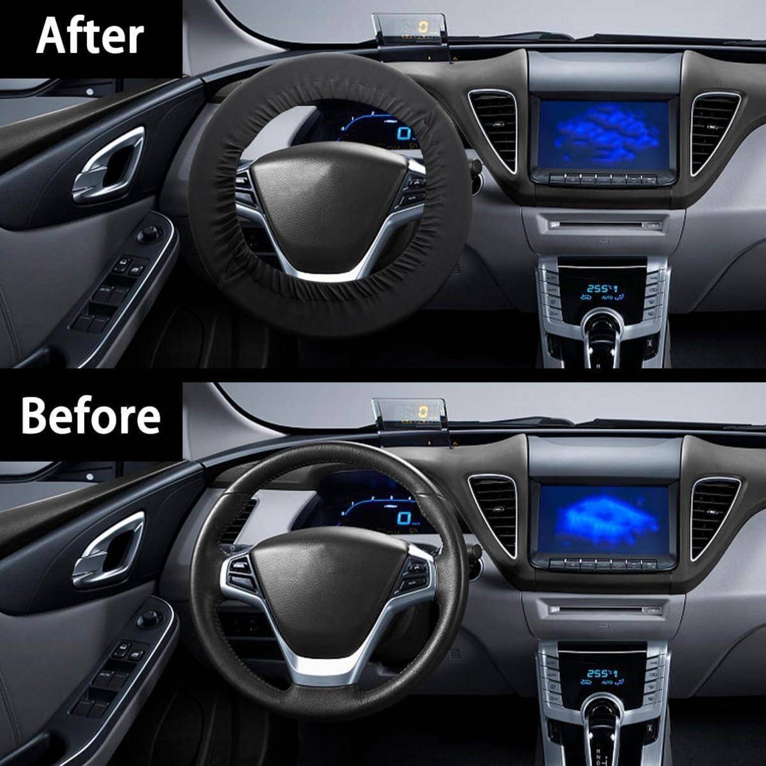 Geteiltes Bild zum Vergleich eines Auto-Armaturenbretts „Nachher" und „Vorher"": Oben ist eine installierte Lenkradabdeckung zu sehen, während unten das ursprüngliche Lenkrad gezeigt wird.