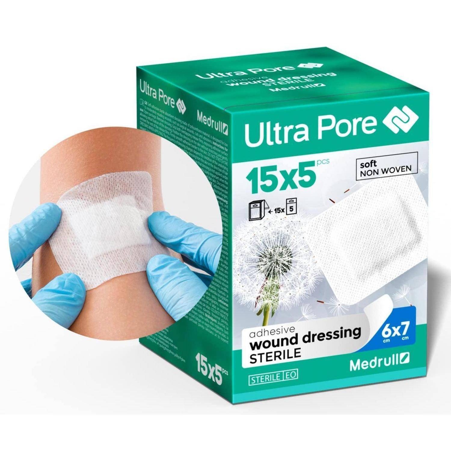 Ultra Pore sterile Klebewundverband Box, 15x5 cm, mit Foto, das einen auf dem Knie angebrachten Verband zeigt.
