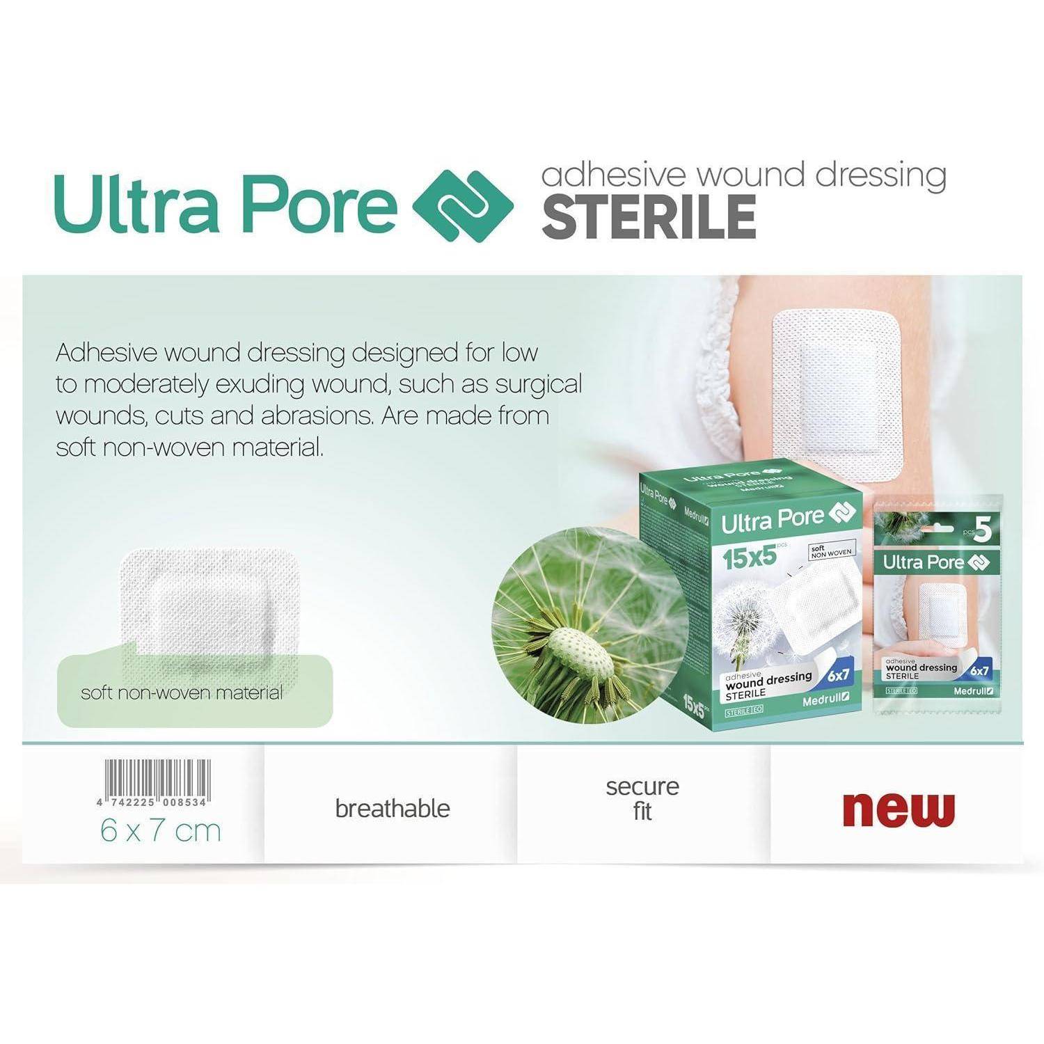 Medrull Wundverband Steril 6x7 cm 75 Stück Einzeln verpackt Ultra Pore SOFT Wundpflaster Starke Klebekraft - Schützt bei Schnittwunden Kratzern 6x7