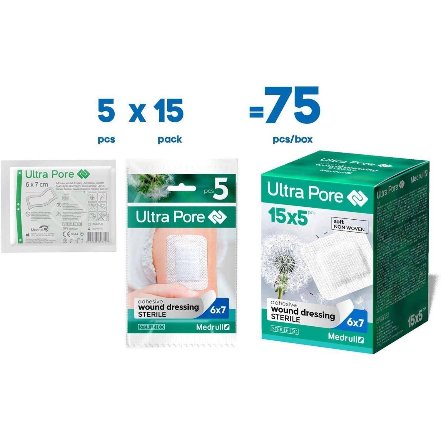Medrull Wundverband Steril 6x7 cm 75 Stück Einzeln verpackt Ultra Pore SOFT Wundpflaster Starke Klebekraft - Schützt bei Schnittwunden Kratzern 6x7
