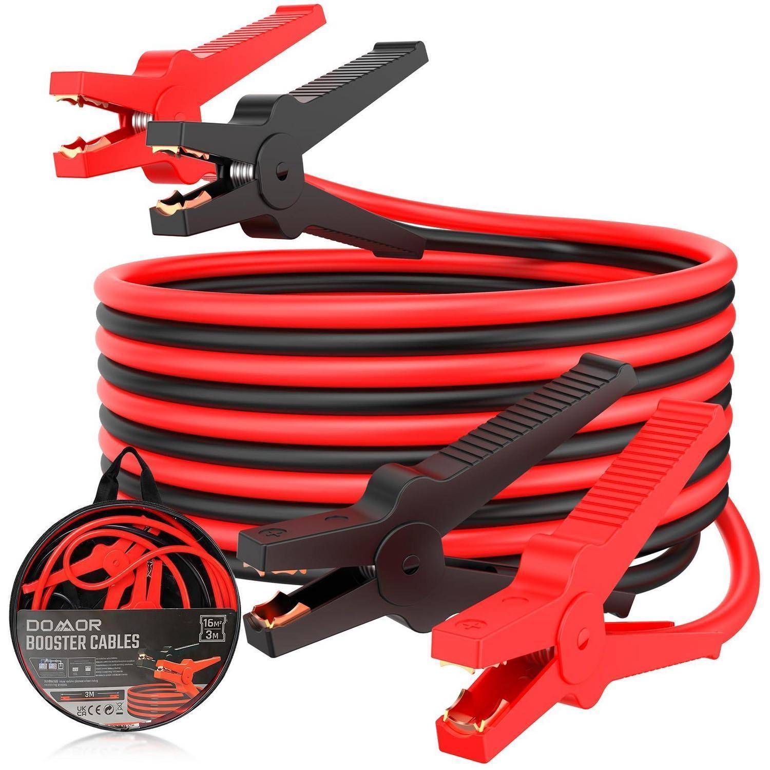 Aufgerollte rote und schwarze Starterkabel mit vier Krokodilklemmen und einem Etui mit der Aufschrift „DC-4QR BOOSTER CABLES