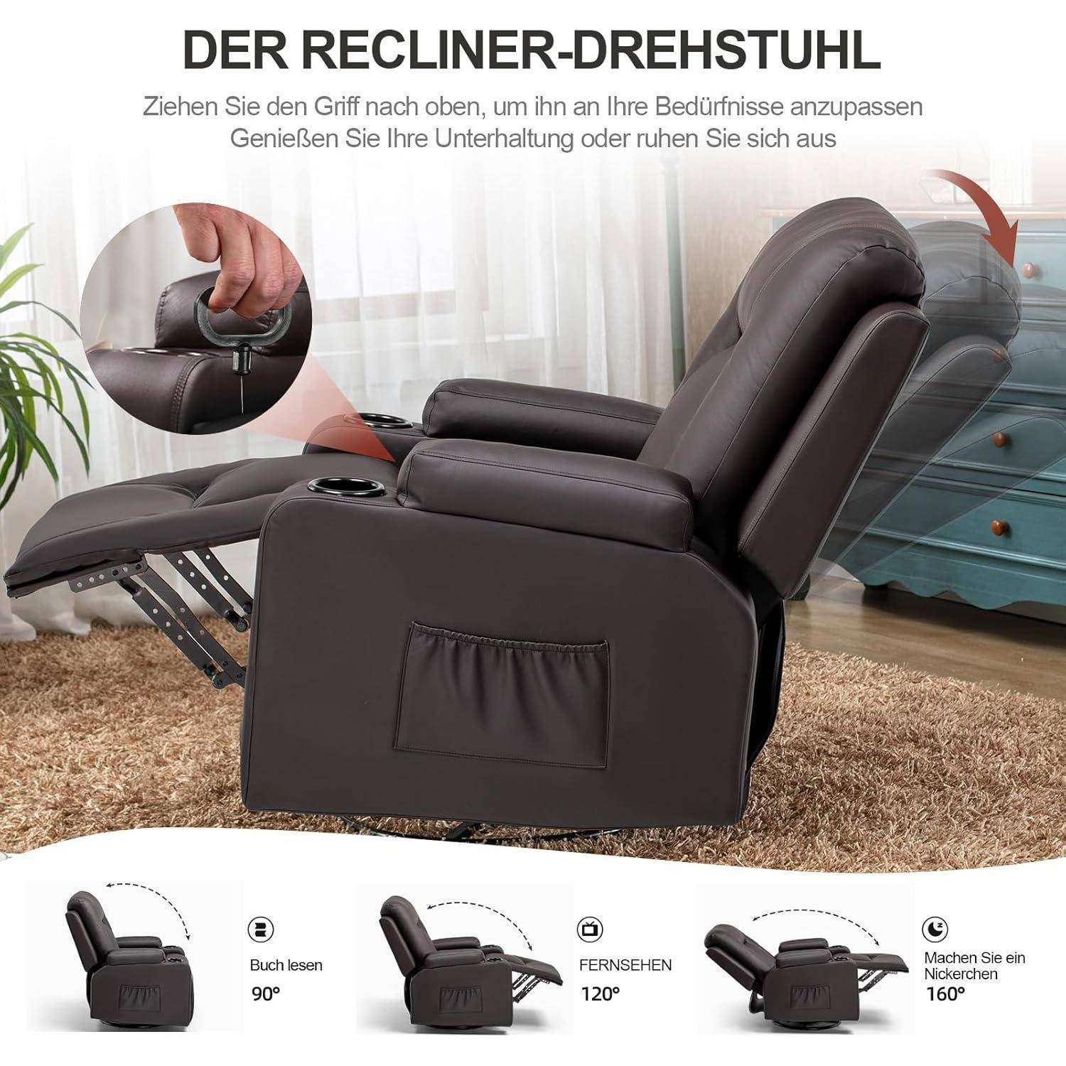 COMHOMA Relaxsessel Manuell Fernsehsessel mit Liegefunktion, TV-Sessel mit Seitengriff, Fußstütze, 360°drehbar bis 150 kg Belastbar, für Wohnzimme