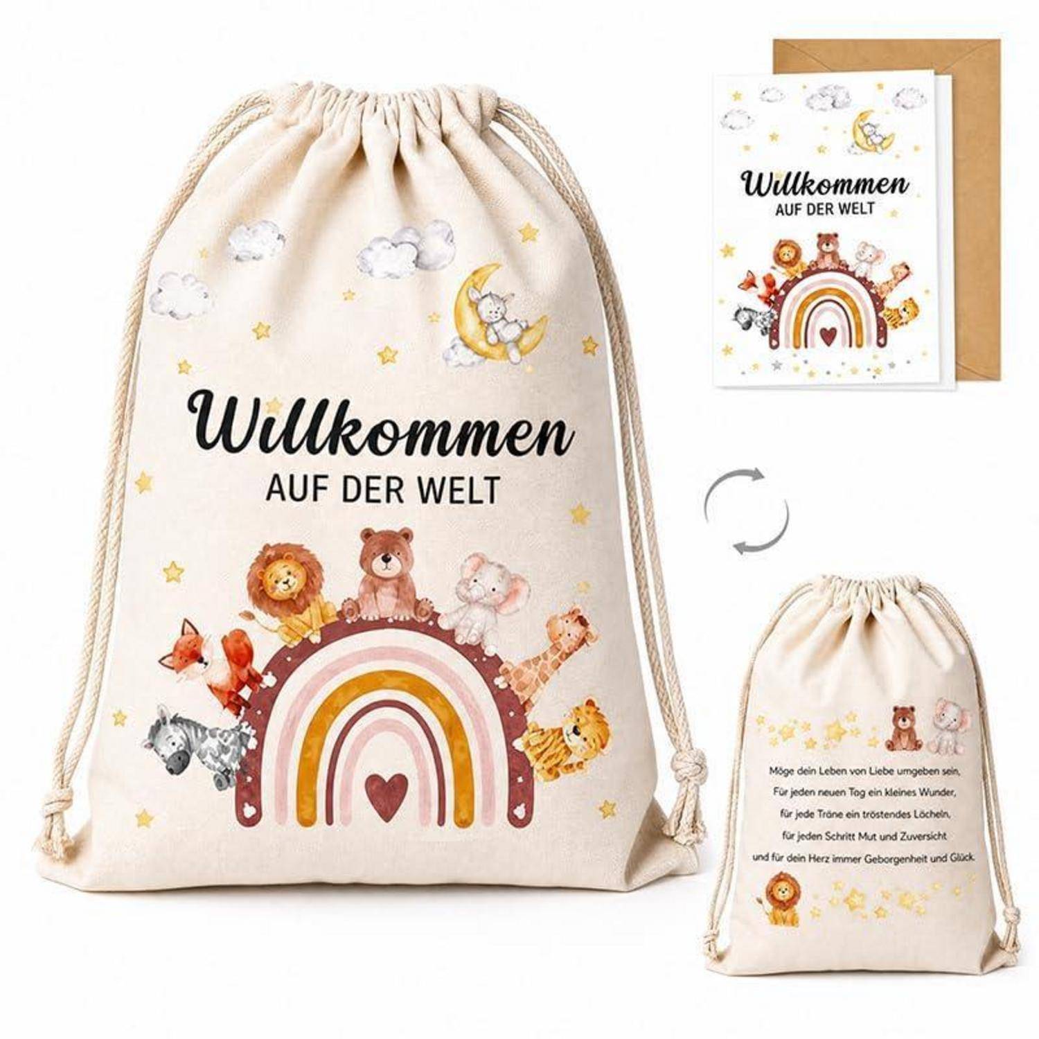 Eine beige Kordelzuggeschenktasche und eine passende Karte mit deutschem Text „Willkommen auf der Welt