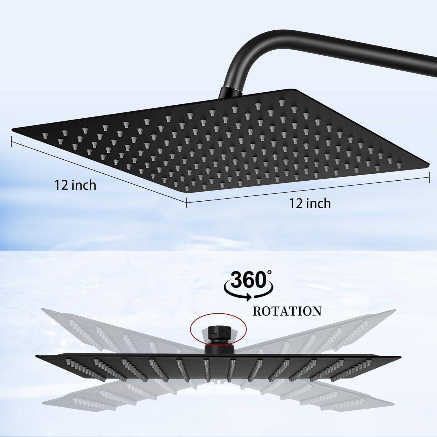 Duschkopf Regendusche 12 Zoll mit Selbstreinigenden Düsen Kopfbrause aus Edelstahl 304 - Quadratischer Duschkopf Regenbrause Regenduschkopf Schwarz