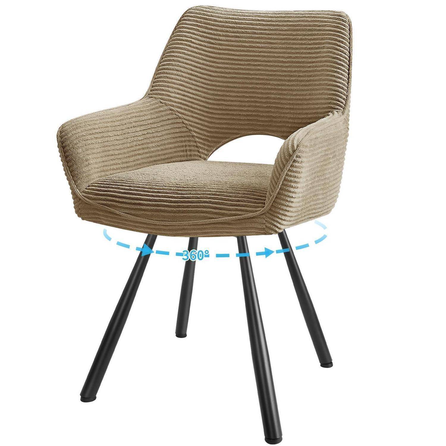Beiger gepolsterter Drehsessel mit schwarzen Beinen, shown rotating 360 degrees.