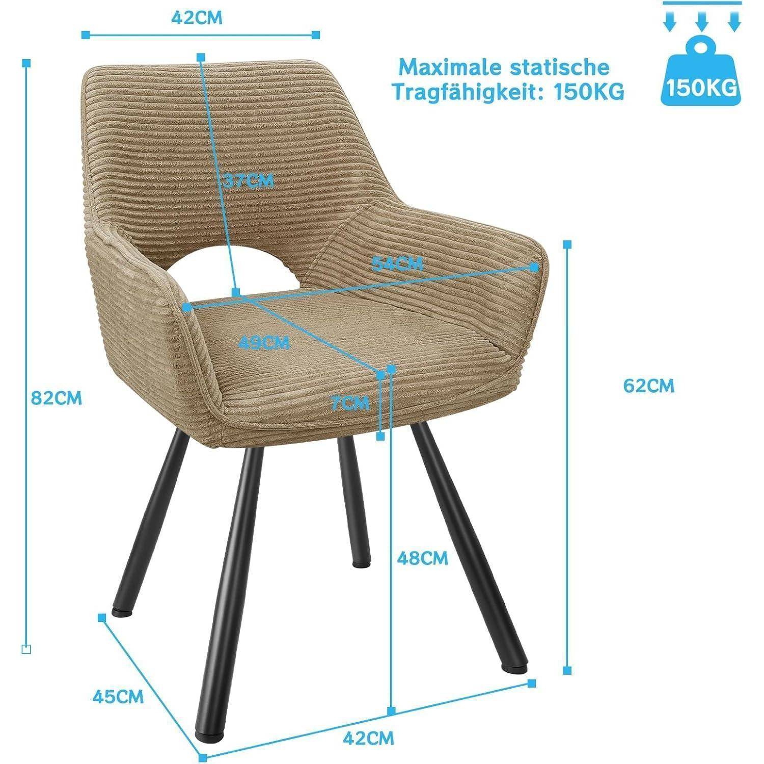 Annotiertes Produktbild eines braun gepolsterten Stuhls mit Angabe der Abmessungen und „Maximale statische Tragfähigkeit: 150 kg