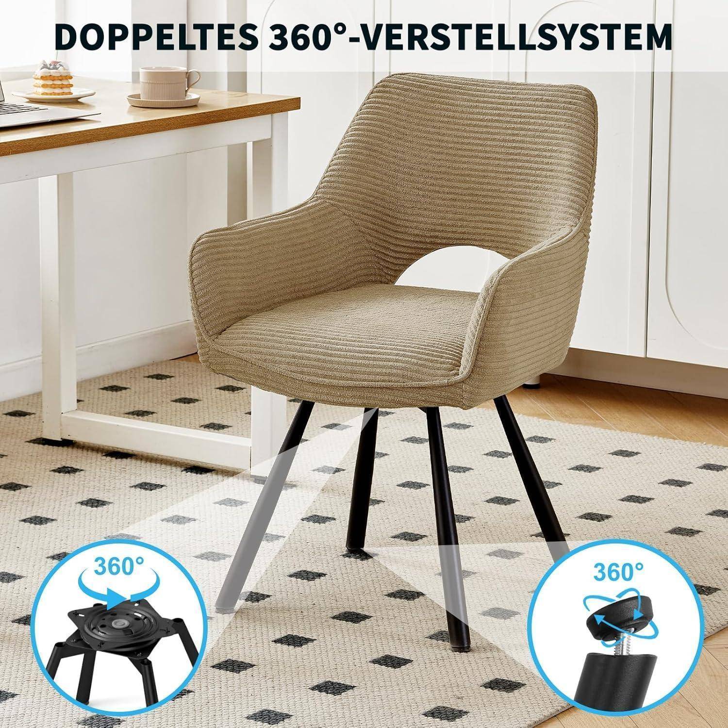 Beigefarbener gepolsterter Stuhl mit schwarzen und silbernen Beinen in einer Küche, mit der Bezeichnung „DOPPELTES 360°-VERSTELLSYSTEM