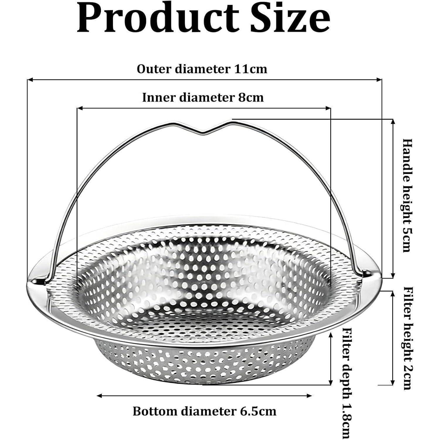 Größendiagramm eines Metall-Küchenssiebs: Außendurchmesser 11 cm, Innendurchmesser 8 cm, Bodendurchmesser 6,5 cm, Griffhöhe 5 cm, Siebbodenhöhe 2 cm, Siebtiefe 1,8 cm.