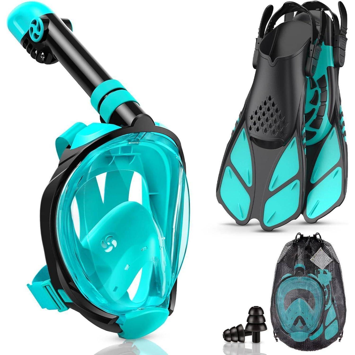 Vollgesichts-Schnorchel-Set mit Maske, befestigtem Schnorchel und Flossen in Türkis und Schwarz, plus Netz-Tragetasche.
