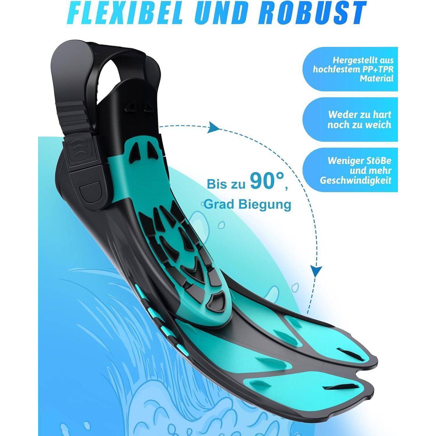Flexible, robuste Schwimmflossen, die sich bis zu 90 Grad biegen lassen; der Text hebt das langlebige PP+TPR-Material hervor, nicht zu hart und nicht zu weich, weniger Belastung und höhere Geschwindigkeit.