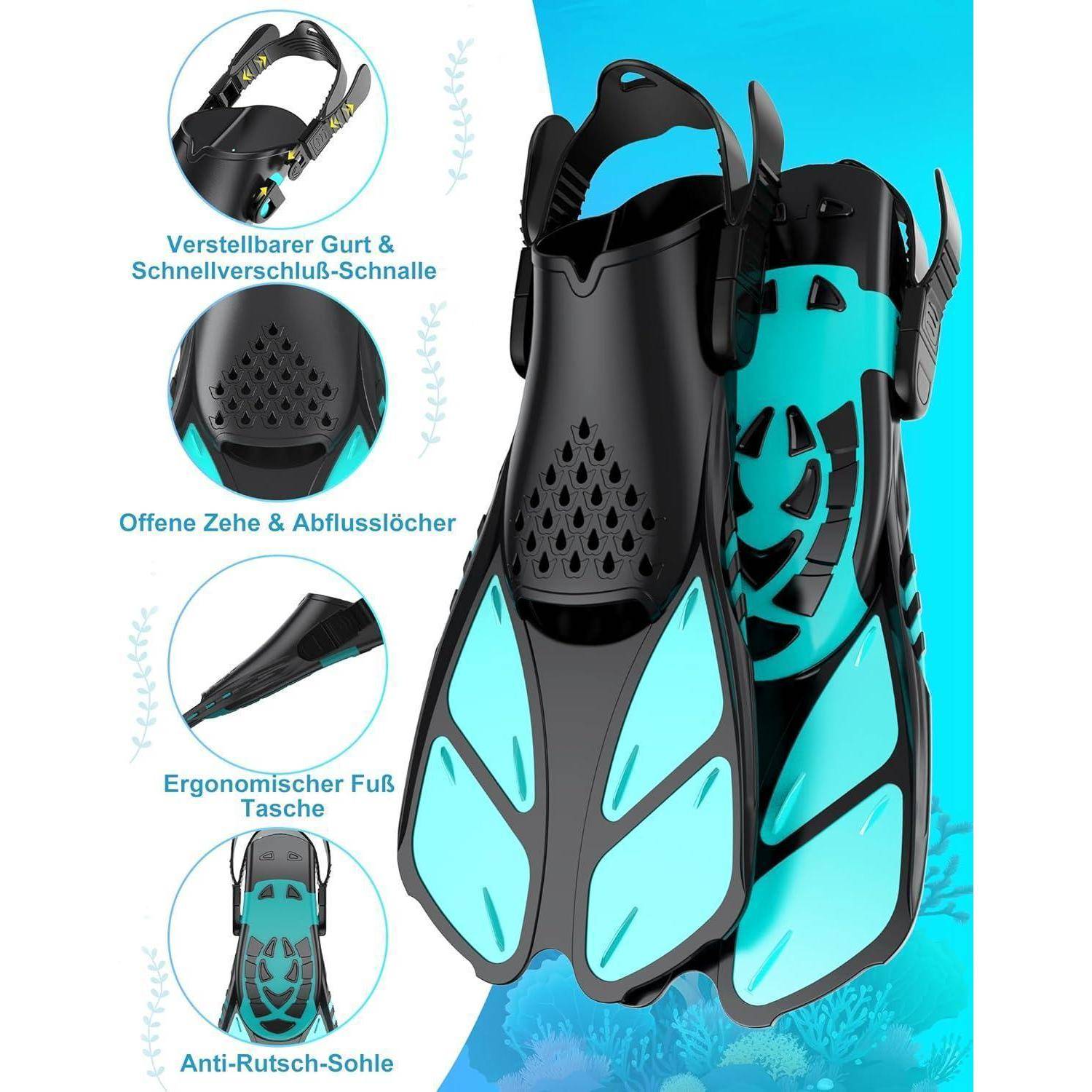 Schwarze und türkisfarbene Schwimmflossen mit verstellbarem Riemen und Schnellverschluss-Schnalle, offene Zehenpartie und Drainagelöcher, ergonomisches Fußteil, rutschfeste Sohle; Seitenbeschriftungen kennzeichnen Funktionen auf Deutsch.