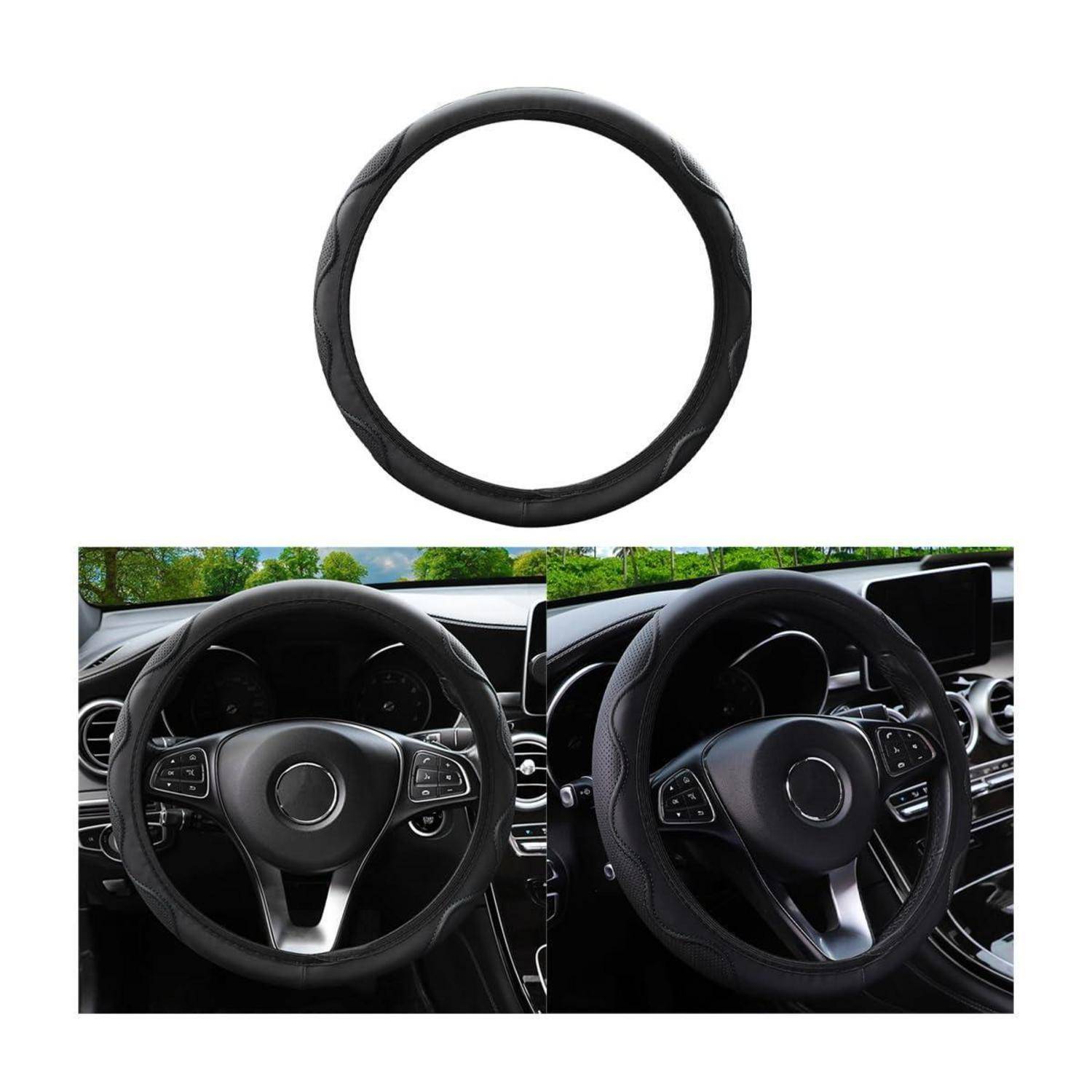 Schwarze Lenkradabdeckung, die oben auf zwei Fotos des Autoinnenraums gezeigt wird und illustriert, wie sie auf ein Lenkrad passt.