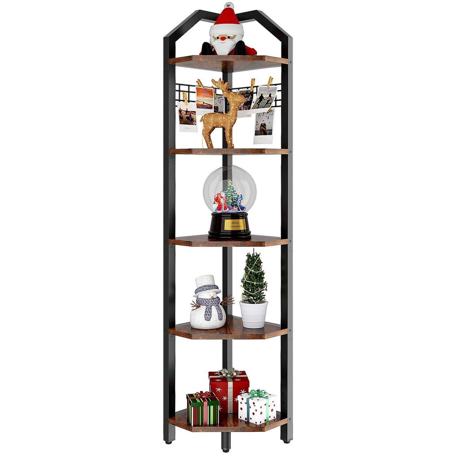 YMYNY Eckregal stehend, Bücherregal mit 5 Ablagen, Drahtgeflecht, 28x28x180cm, Leiterregal, Pflanzenregal für Wohnzimmer, Schlafzimmer, Küche, Balk