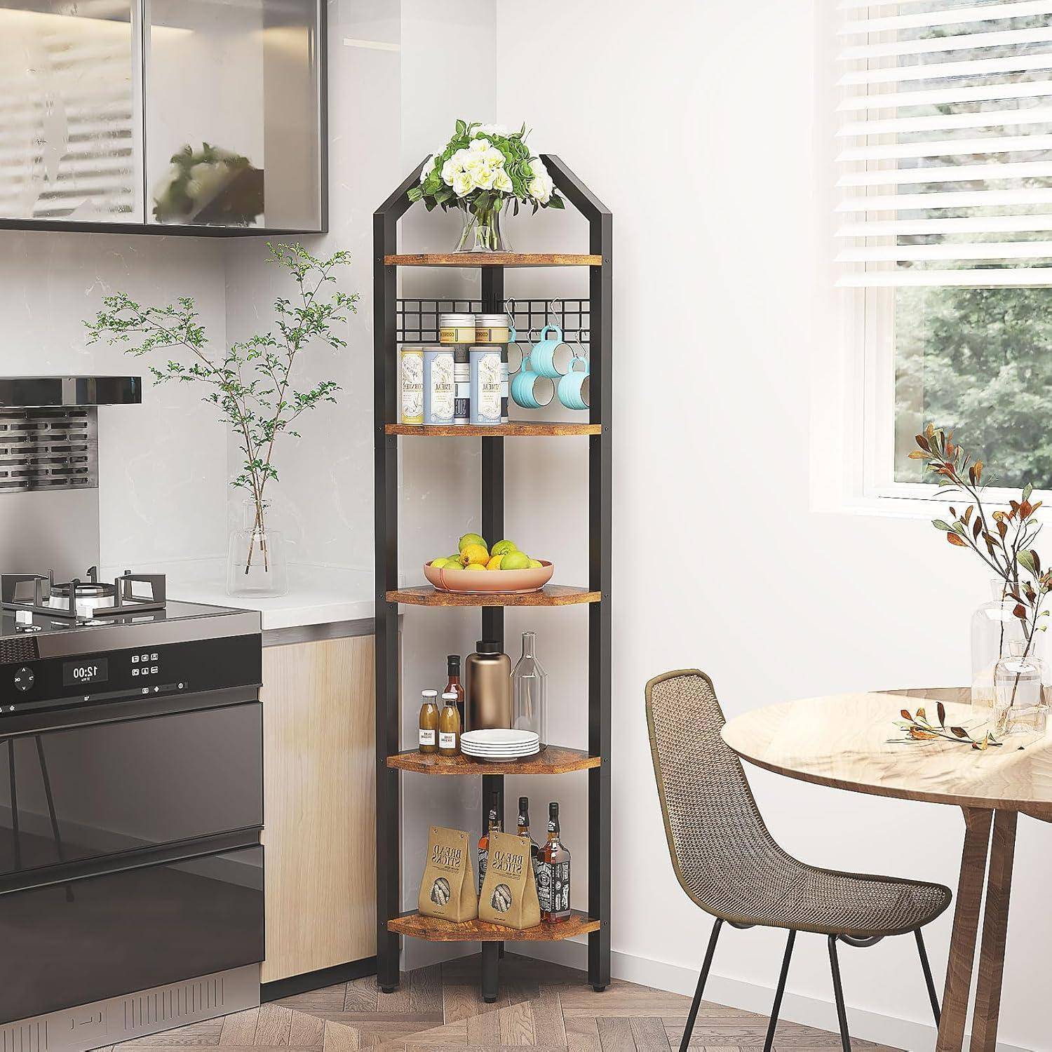 YMYNY Eckregal stehend, Bücherregal mit 5 Ablagen, Drahtgeflecht, 28x28x180cm, Leiterregal, Pflanzenregal für Wohnzimmer, Schlafzimmer, Küche, Balk