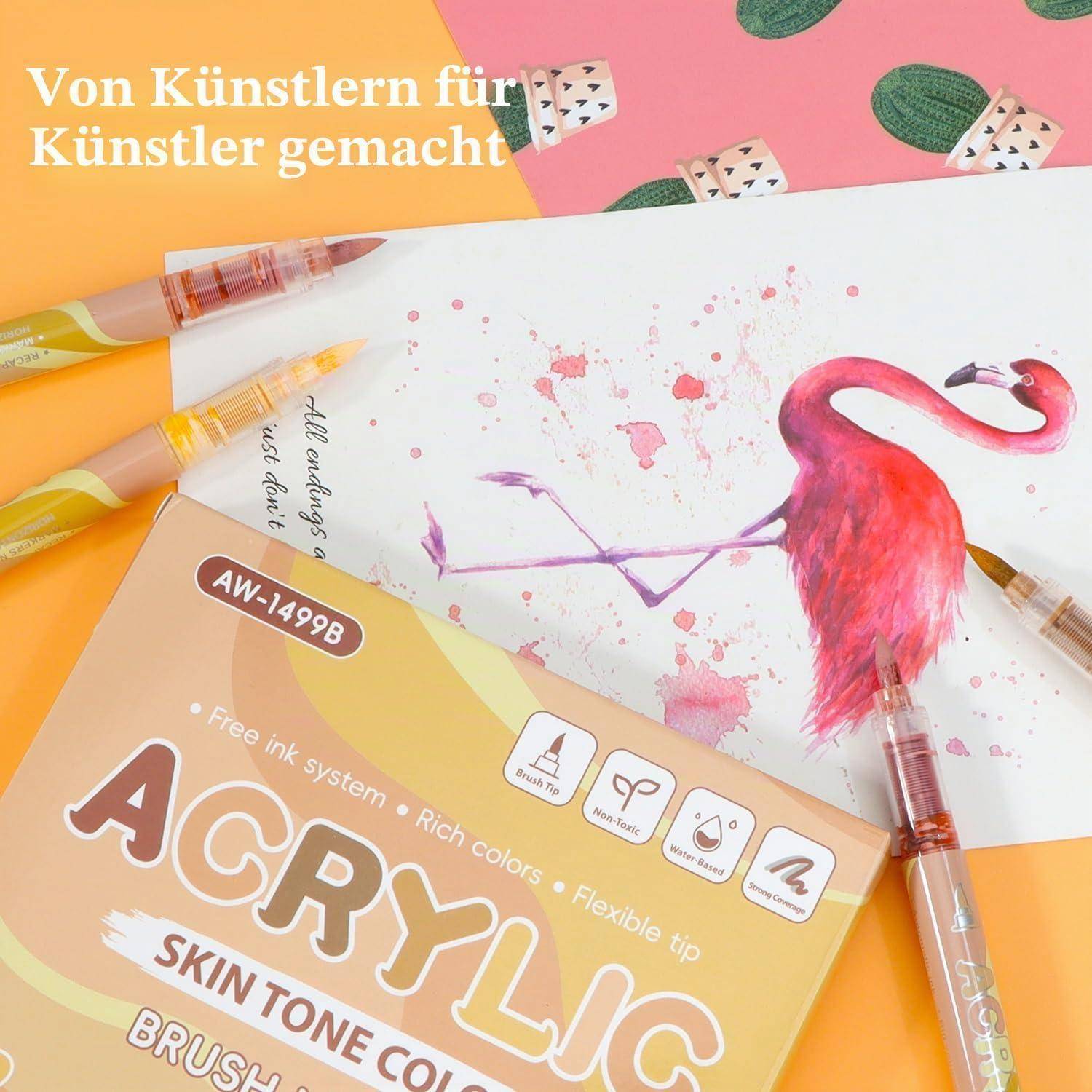 Acrylmalstift-Pinsel und ein Flamingo-Gemälde auf Papier, mit deutschem Text, der das handwerklich gefertigte Set bewirbt, und einer Produktschachtel mit der Aufschrift „ACRYLIC SKIN TONE BRUSH PENS