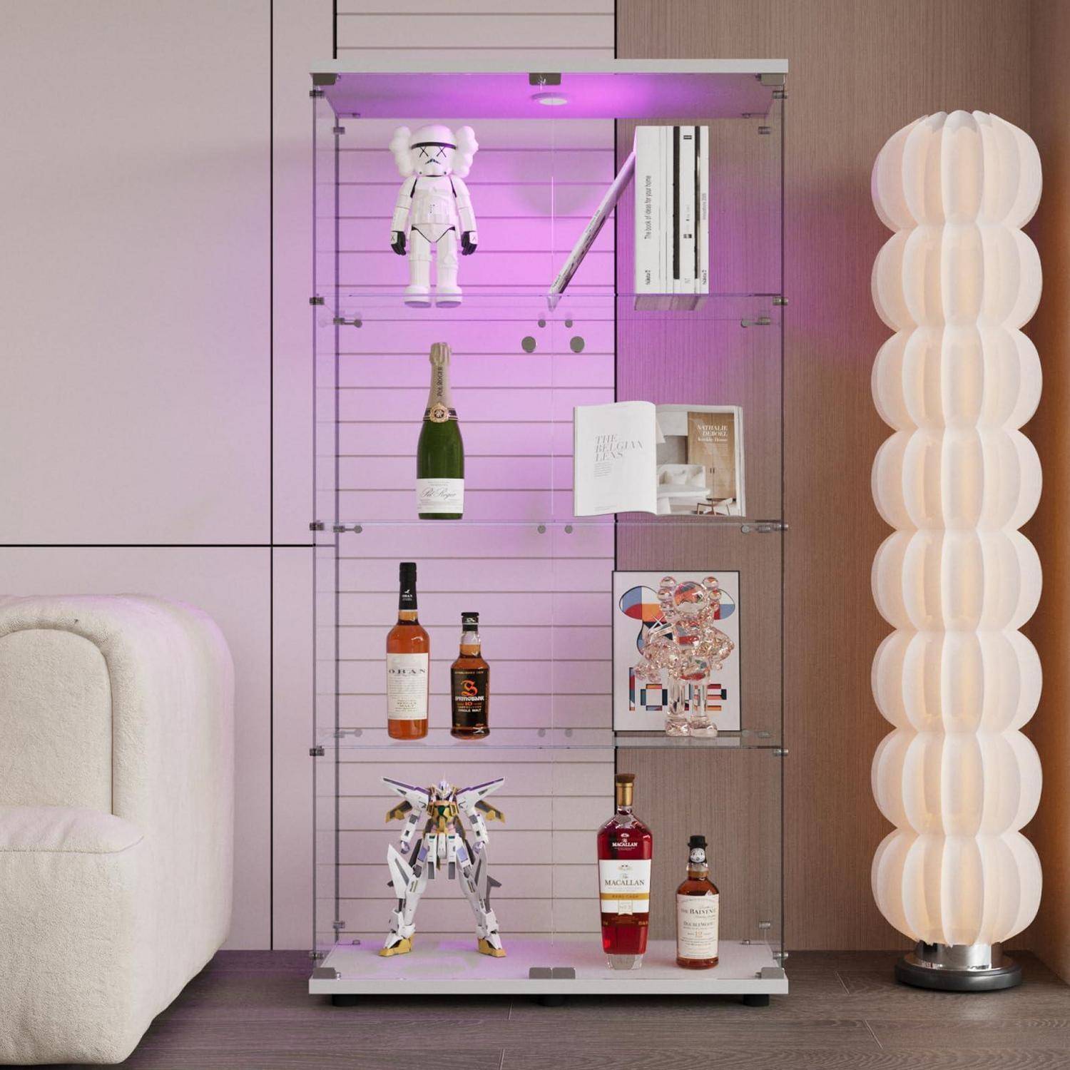 Glasvitrine Standvitrine mit LED, Glas Holz Vitrine Sammlervitrine Vitrinenschrank mit 4 Böden & 2 Türen aus gehärtetem Glas für Sammlerstücke B