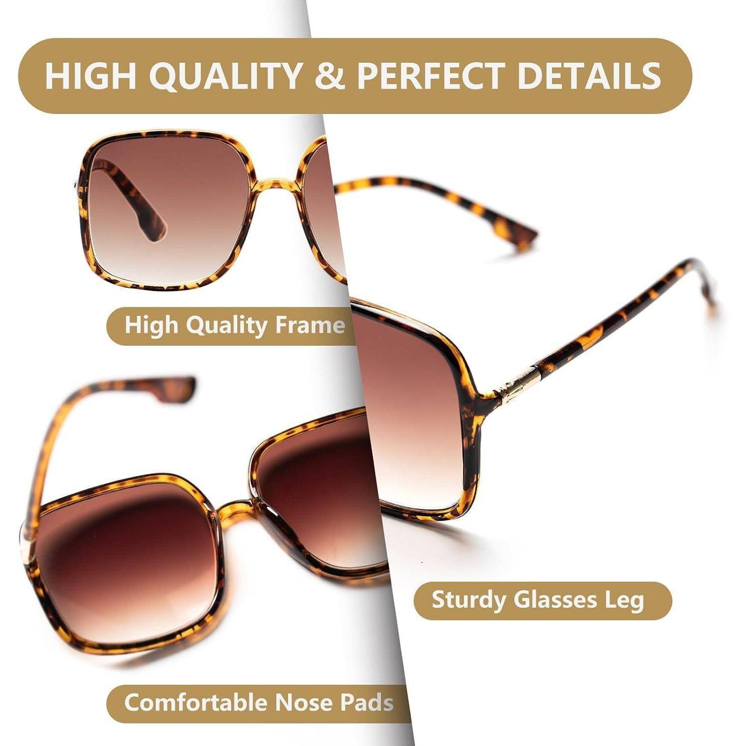 Werbebild von Schildpatt-Sonnenbrille mit quadratischen Gläsern und Farbverlaufsgläsern, beschriftet mit "Hohe Qualität & perfekte Details"", ""Hochwertiger Rahmen"", ""Robustes Brillenbügel"" und ""Komfortable Nasenpads"".