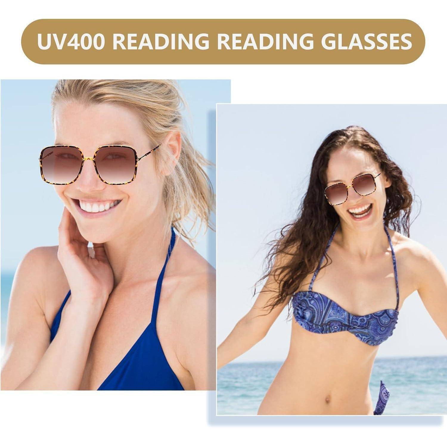 Werbebild für UV400-Lessonnenbrille, das zwei lächelnde Frauen zeigt, die getönte Brillen am Strand tragen.