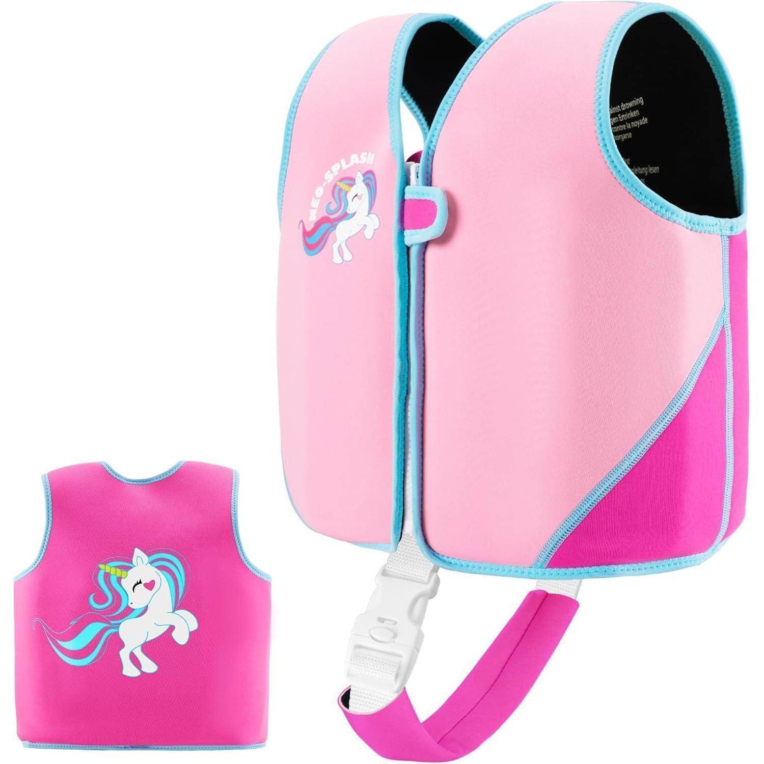 Rosa Kinder-Schwimmweste mit Einhornprint, von vorne und hinten gezeigt, mit weißer Schnalle und rosa Sicherheitsband.