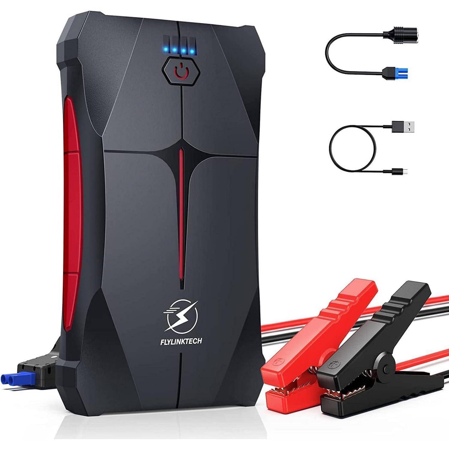 Tragbarer Starthilfe-Booster mit integrierter Powerbank, LED-Batterieindikatoren, USB-Ladekabel und roten/schwarzen Batterieklemmmen.