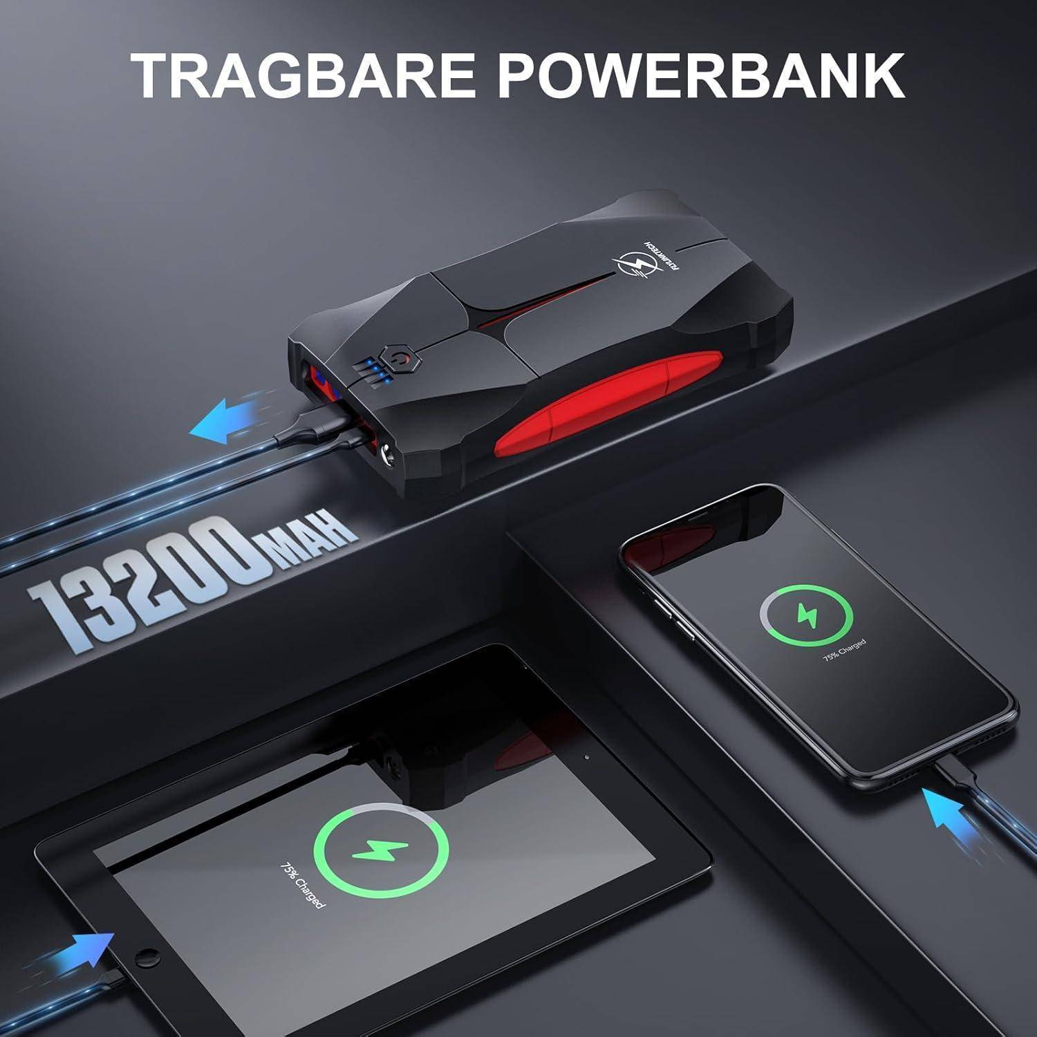 Grafik einer schwarzen robusten 'TRAGBARE POWERBANK' mit 13200mAh Kapazität, die ein Telefon und ein Tablet auflädt, mit Pfeilen, die die Stromabgabe anzeigen.