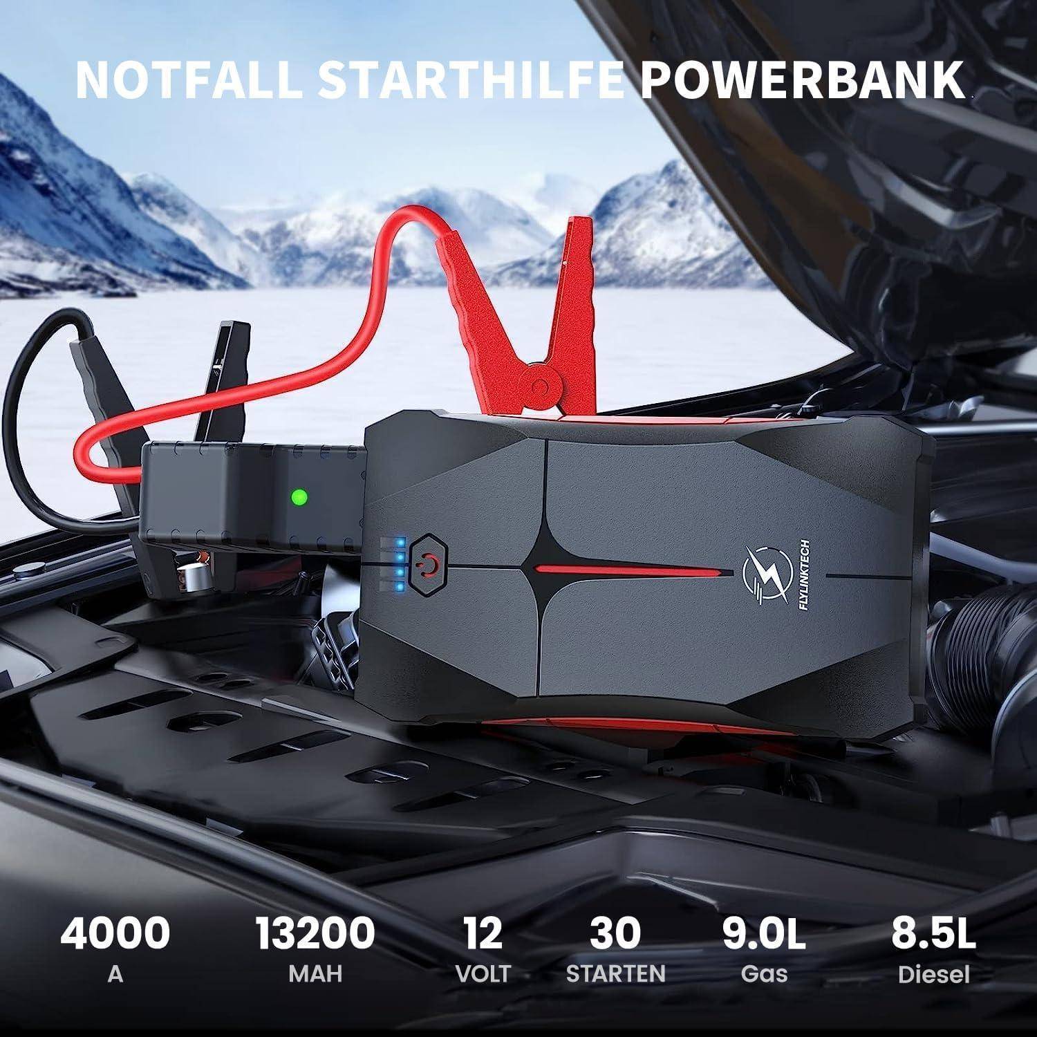 Notfall-Starthilfe-Powerbank mit angebrachten Überbrückungskabeln an einer Autobatterie, zeigt 4000A, 13200mAh, 12V, 30 Starts, 9,0L Benzin, 8,5L Diesel.