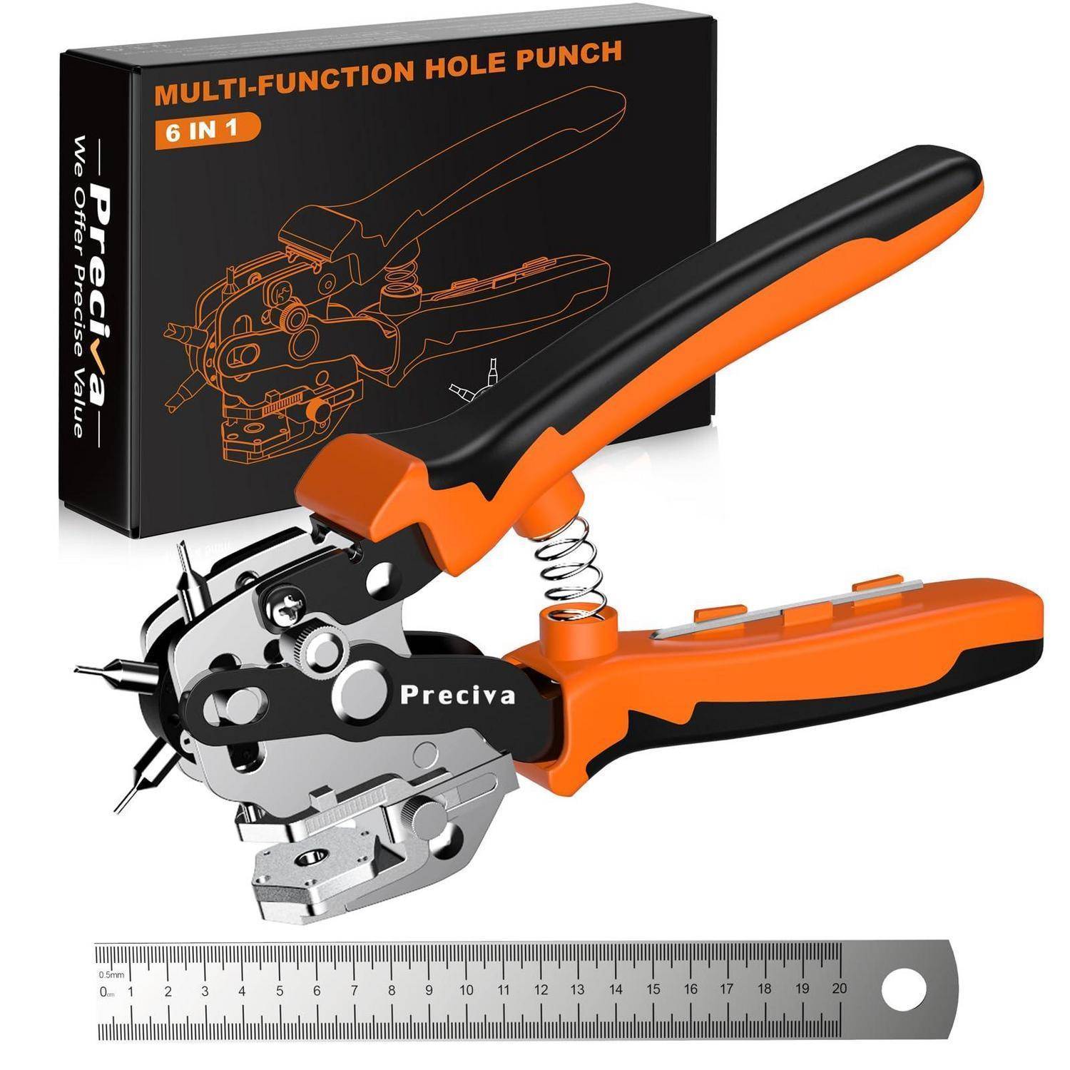 Orange und schwarzes 6-in-1-Multifunktions-Lochwerkzeug mit Verpackung und Lineal zur Größendarstellung.