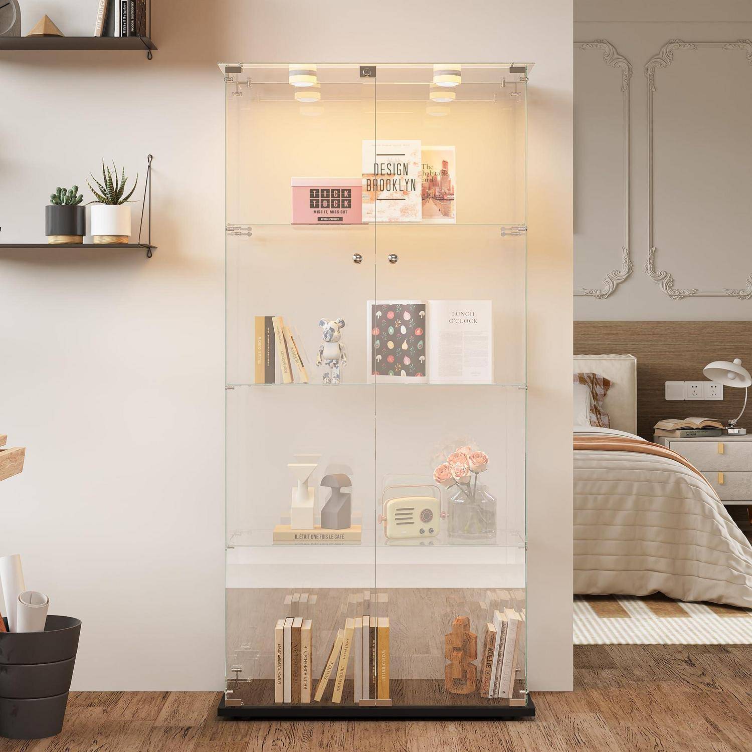 Vitrine aus Glas, moderner Sammlerschrank aus Glas, 4 Schichten, mit mehrfarbigem LED-Licht, Aufbewahrungsschrank aus Glas auf Fuß, für Handwerk, Wo