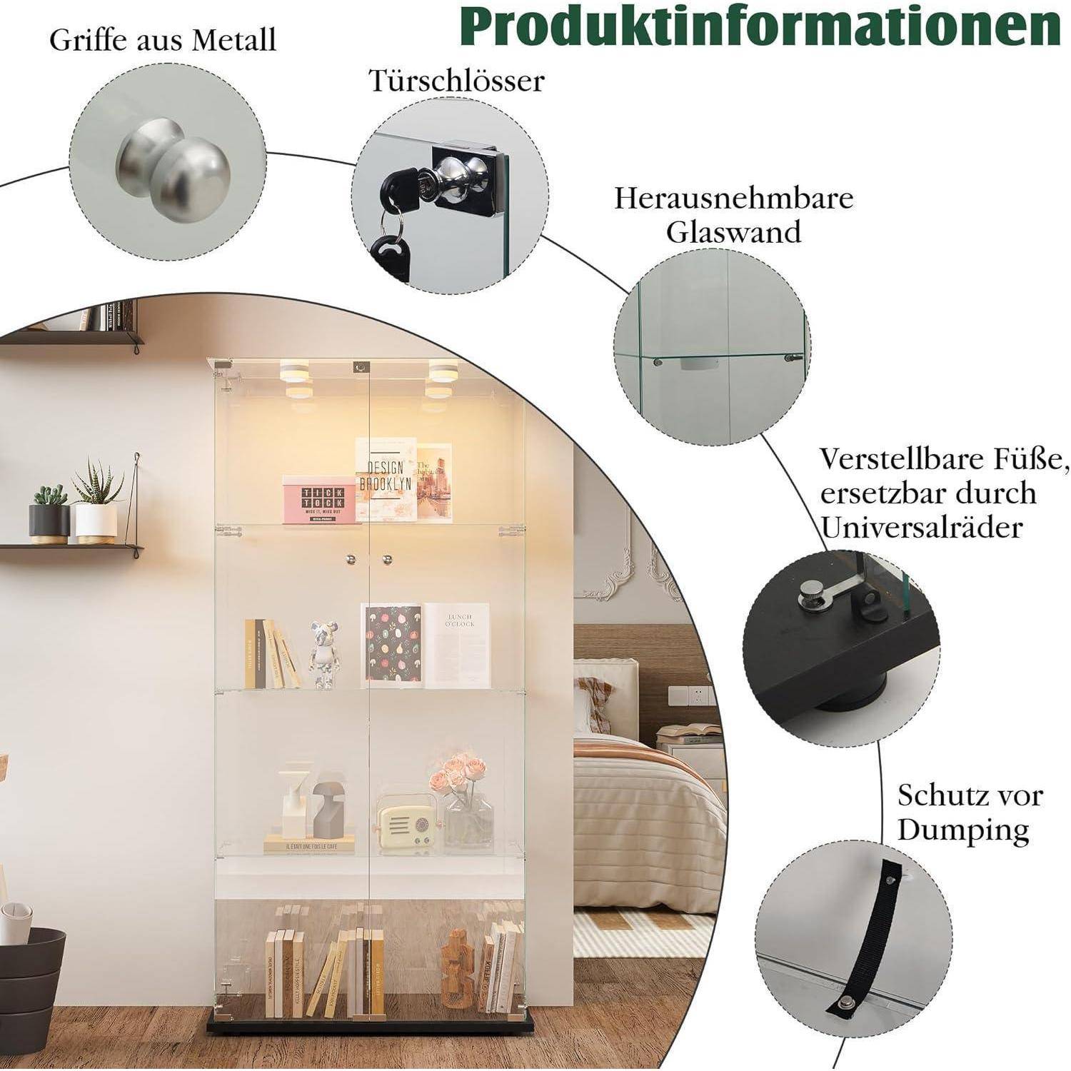 Vitrine aus Glas, moderner Sammlerschrank aus Glas, 4 Schichten, mit mehrfarbigem LED-Licht, Aufbewahrungsschrank aus Glas auf Fuß, für Handwerk, Wo