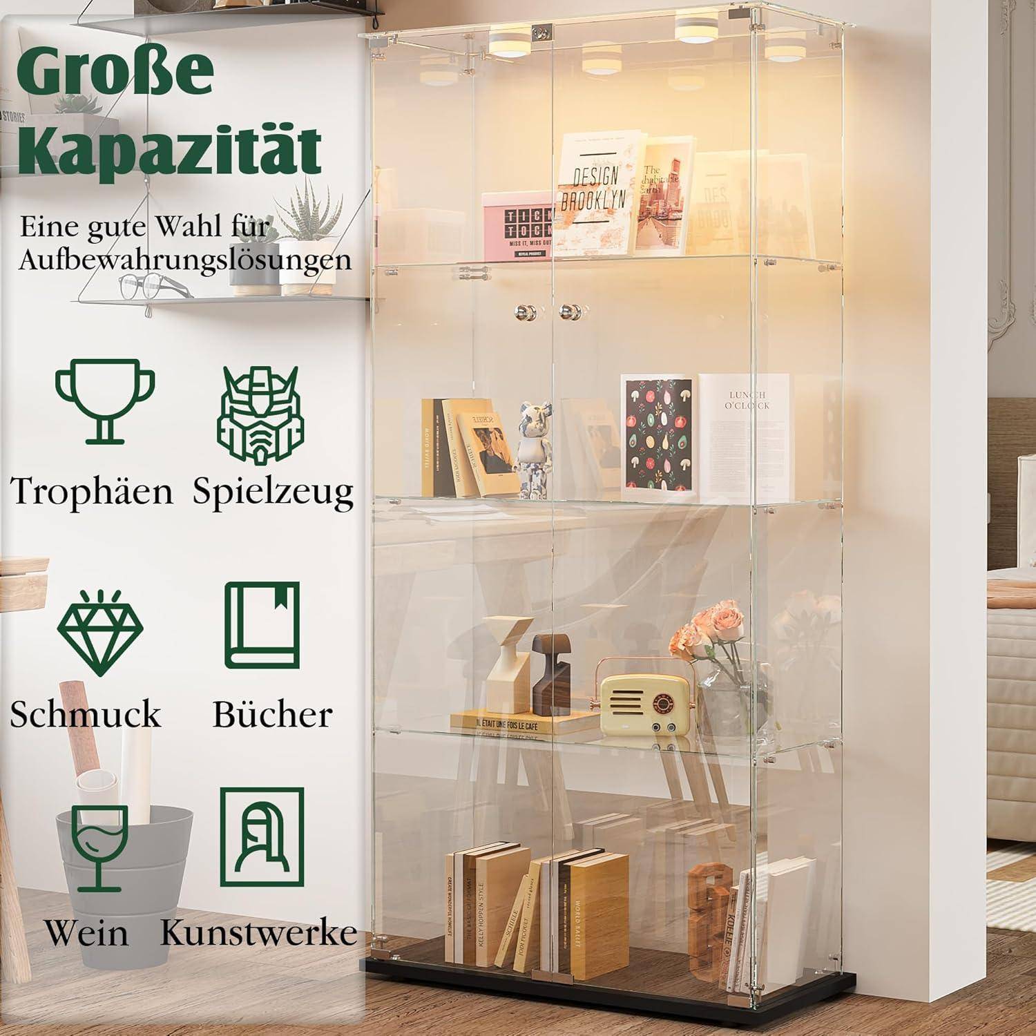 Vitrine aus Glas, moderner Sammlerschrank aus Glas, 4 Schichten, mit mehrfarbigem LED-Licht, Aufbewahrungsschrank aus Glas auf Fuß, für Handwerk, Wo