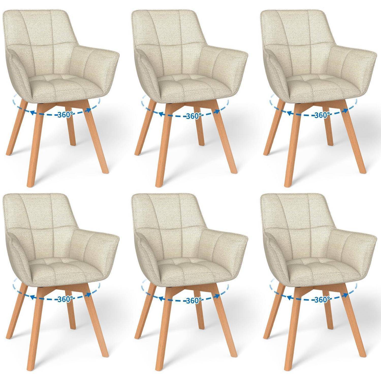 6er Set Drehbare Esszimmerstühle, 360° Drehstuhl mit Armlehnen Holzbeinen, Samtstoff Polsterstuhl für Esszimmer, Wohnzimmer, Küche, Schlafzimmer,