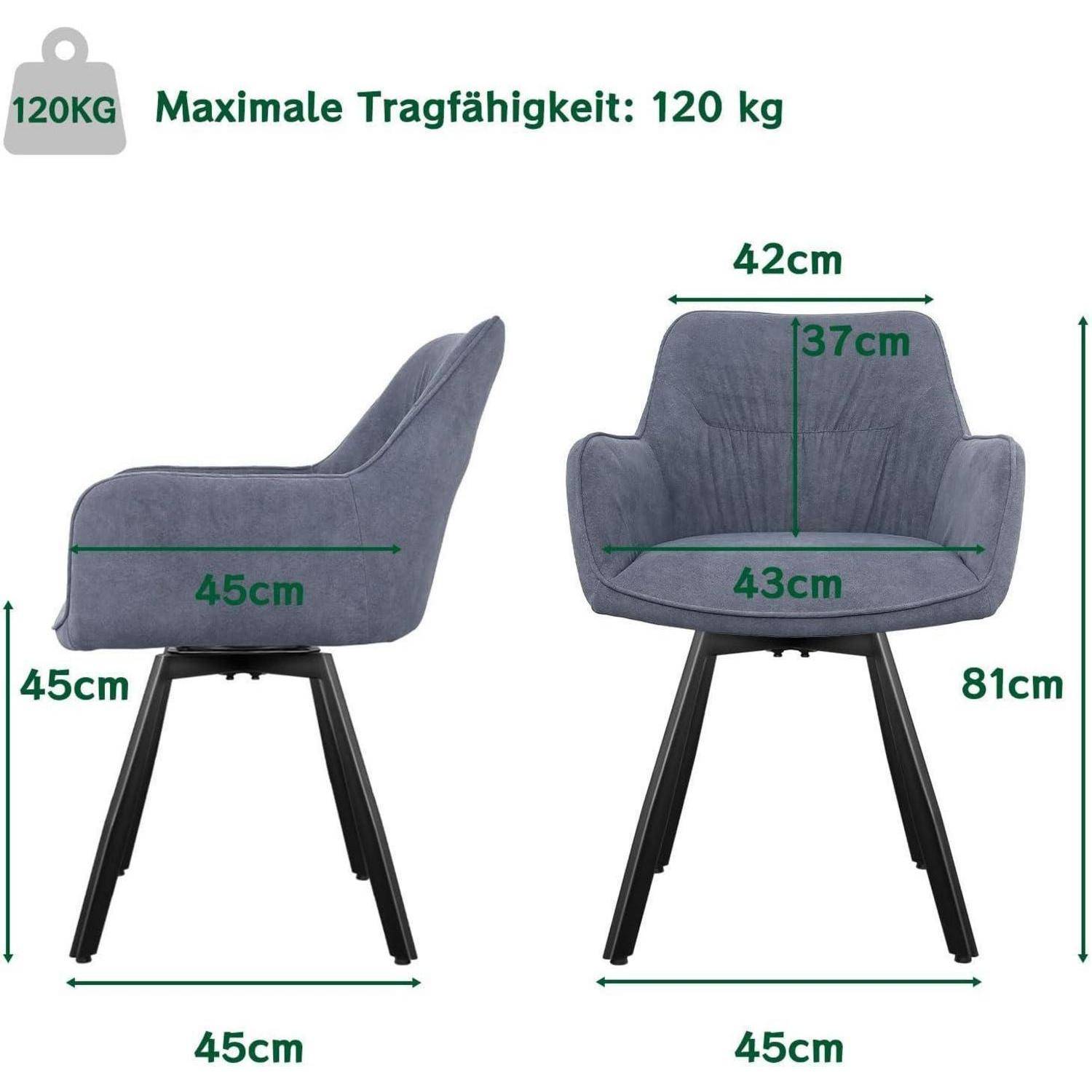Grauer Polsterstuhl von der Seite und von vorne mit Abmessungen gezeigt; maximale Belastung 120 kg. Höhe 81 cm, Sitzbreite 43 cm, Sitztiefe 45 cm, Gesamtbreite 45 cm.