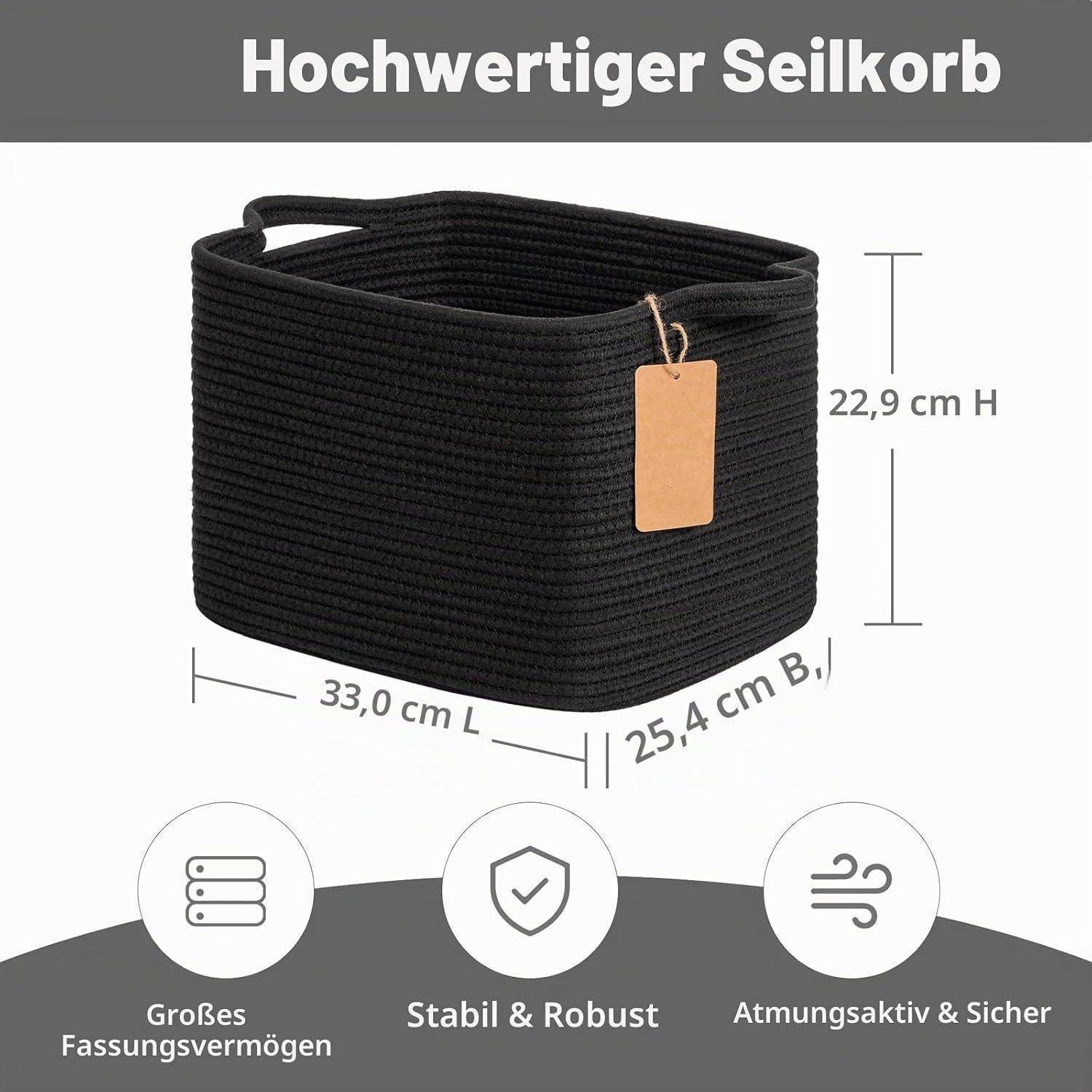 Schwarzer rechteckiger Seilkorb mit der Bezeichnung „Hochwertiger Seilkorb