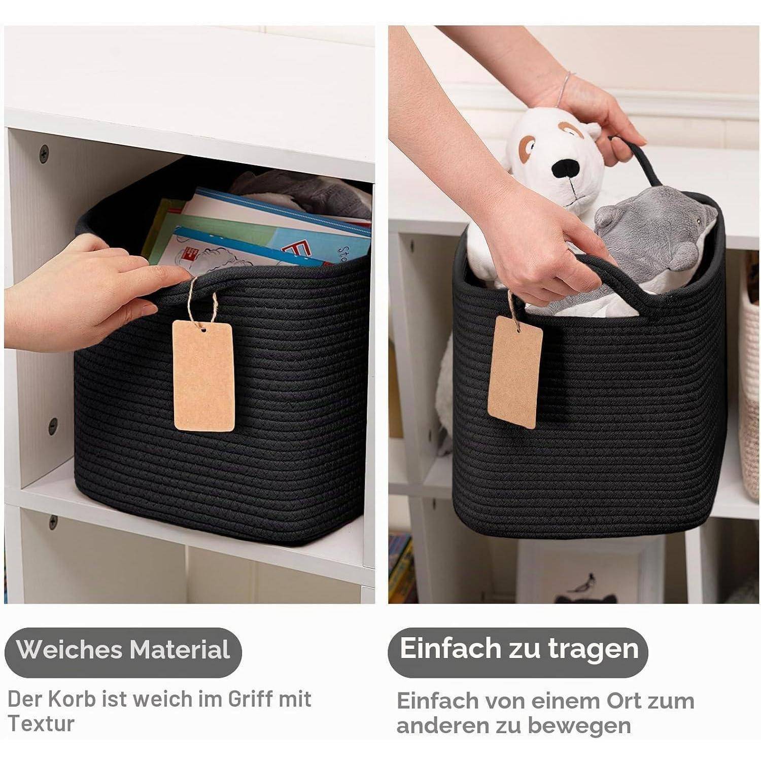 Zwei Hände tragen einen schwarzen geflochtenen Aufbewahrungskorb aus einem Regal; das geteilte Bild zeigt ihn gefüllt mit Gegenständen und einem Plüschhund. Deutscher Text bewirbt weiches Material und einfaches Tragen.