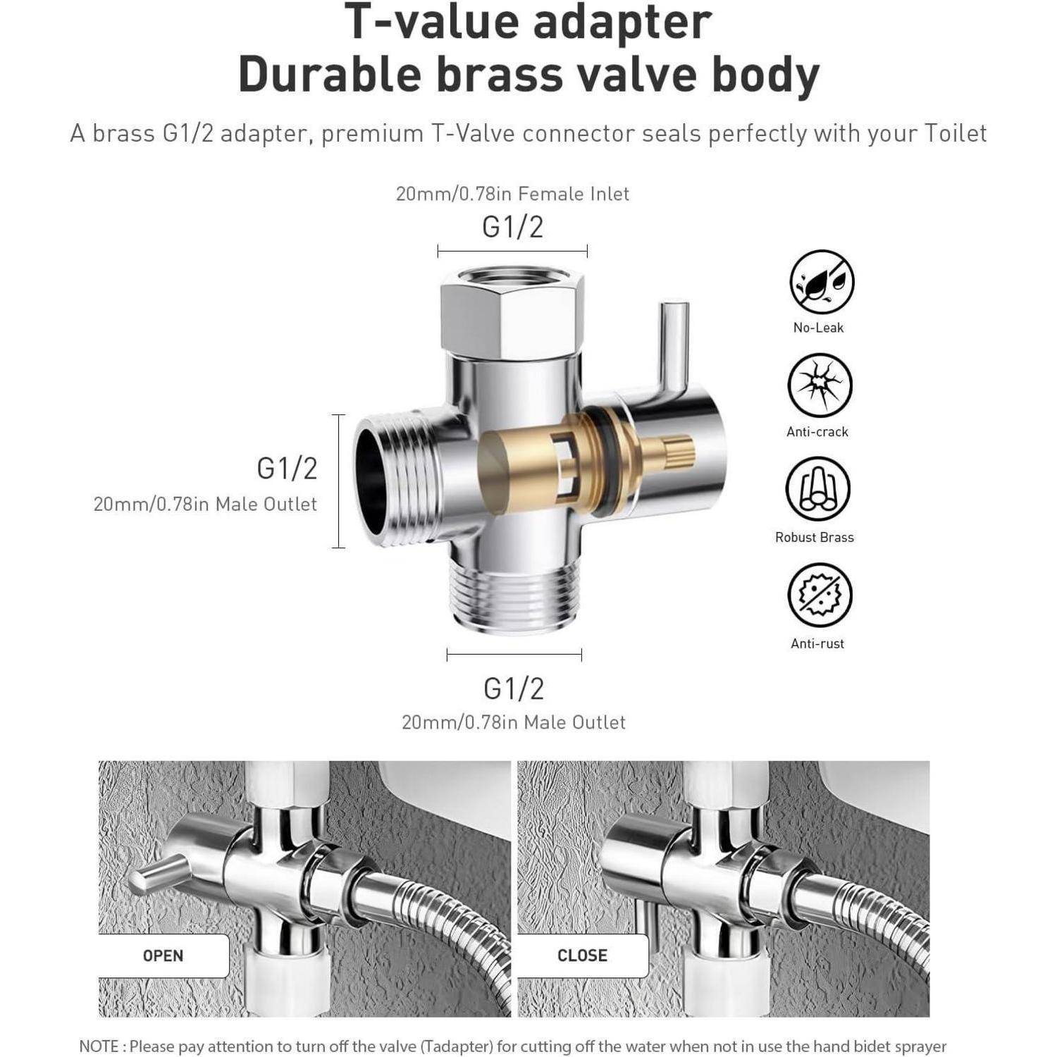 Messing-T-Wert-Adapter mit G1/2 weiblicher Einlass und männlichen Auslässen, gekennzeichnet als auslaufsicher, rissfest, robustes Messing, rostbeständig; Absperr-/Öffnungsventil für Handbidet-Sprayer gezeigt.