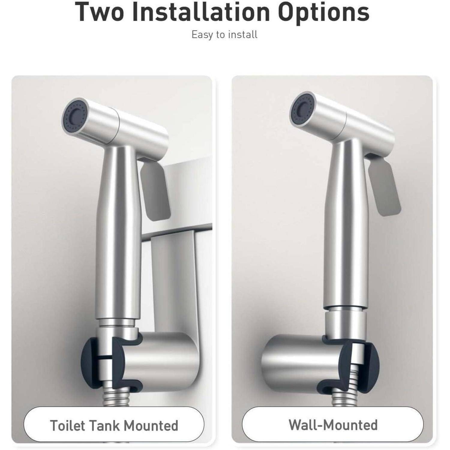 Illustration zum Vergleich von zwei Optionen zur Installation von Bidet-Sprühern: an der Toilettenschüssel montiert und an der Wand montiert, unter der Überschrift „Zwei Installationsmöglichkeiten