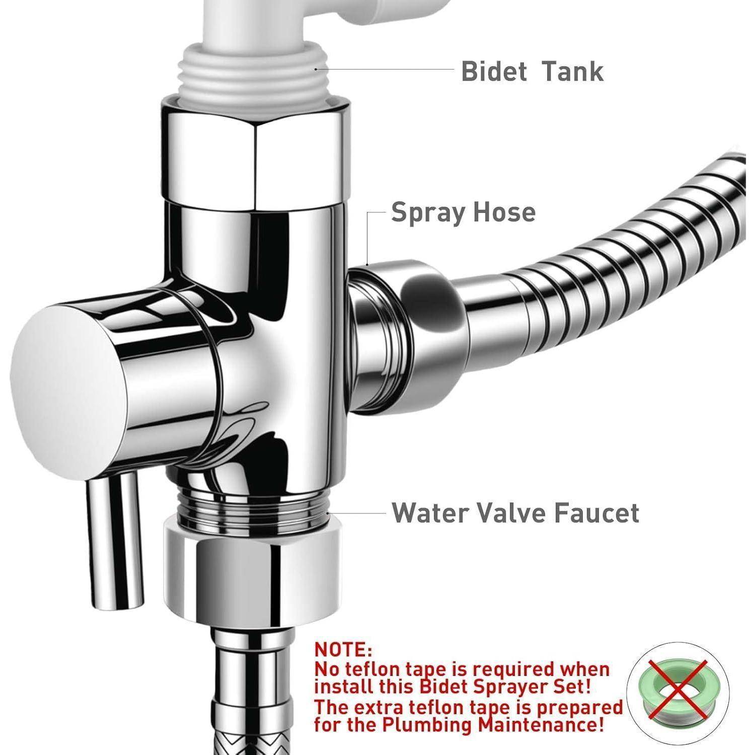 Diagramm eines Bidet-Sprayer-Sets mit dem Bidet-Behälter, Sprühschlauch und Wasserhahn-Ventil, mit einem Hinweis, dass kein Teflonband für die Installation erforderlich ist.